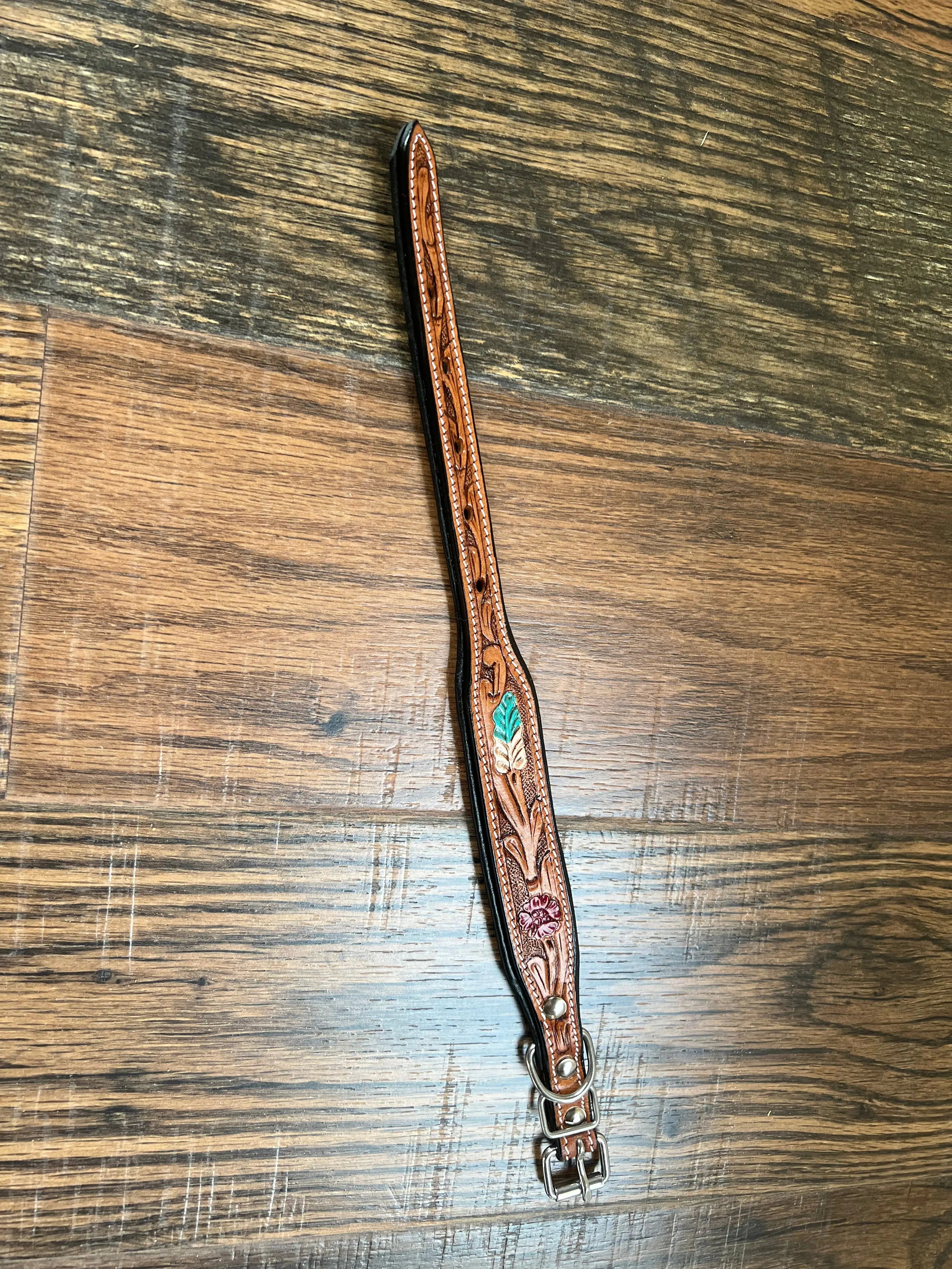 Handcrafted Padded Leather Tooled Dog Collar Red Leaf Dog