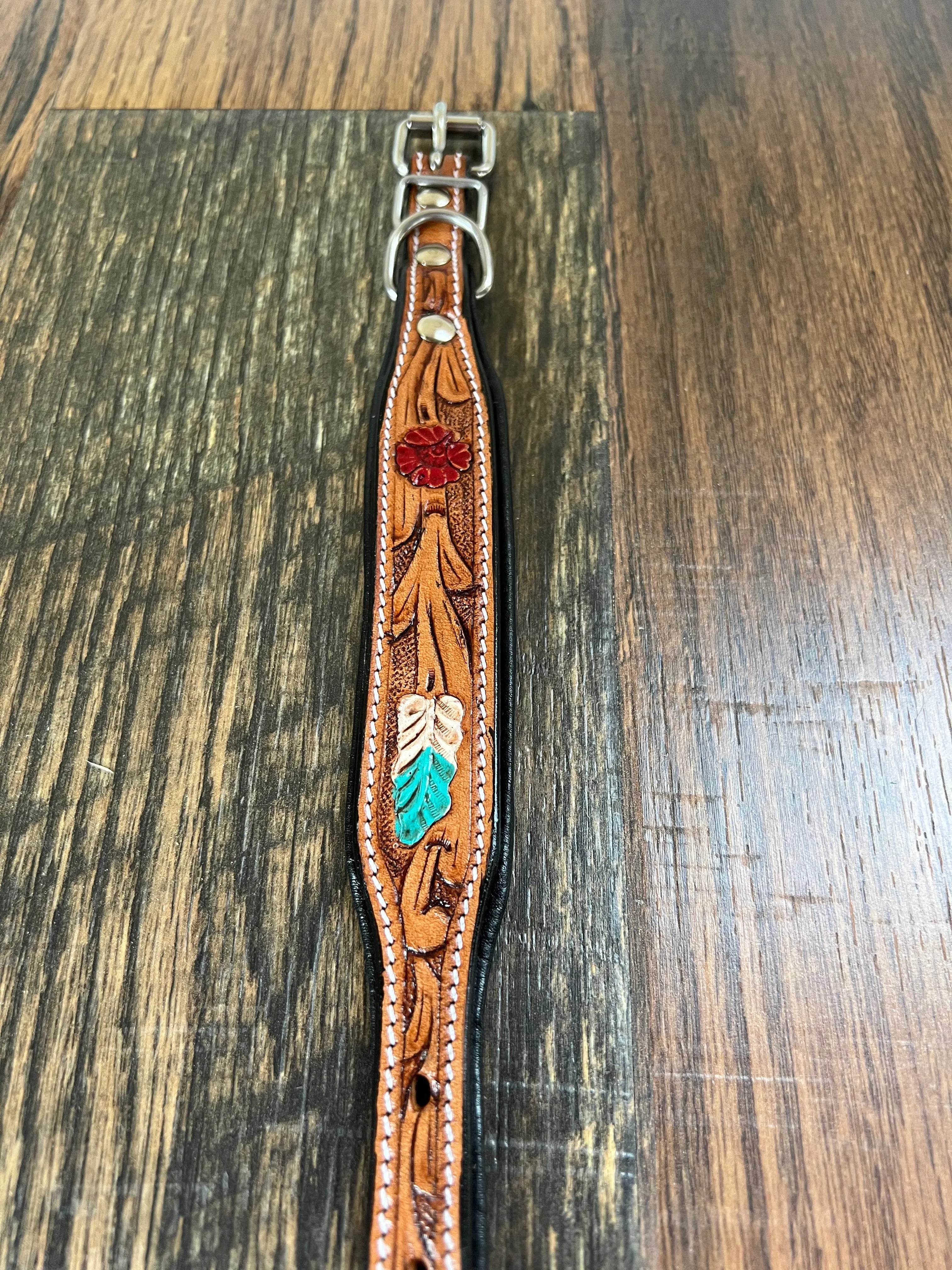 Handcrafted Padded Leather Tooled Dog Collar Red Leaf Dog