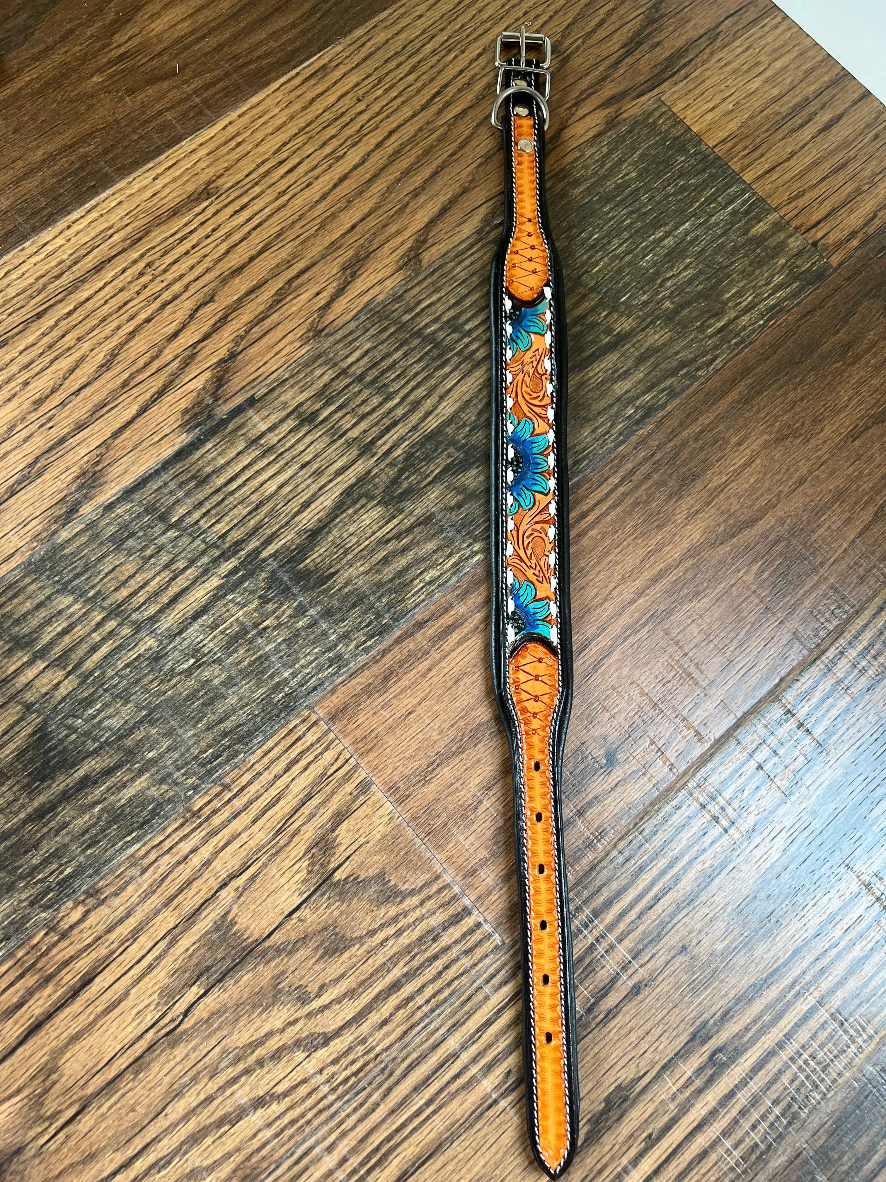 Handcrafted Padded Leather Tooled Dog Collar Blue Sunflower Dog