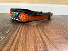 Handcrafted Padded Leather Tooled Dog Collar Blue Sunflower Dog