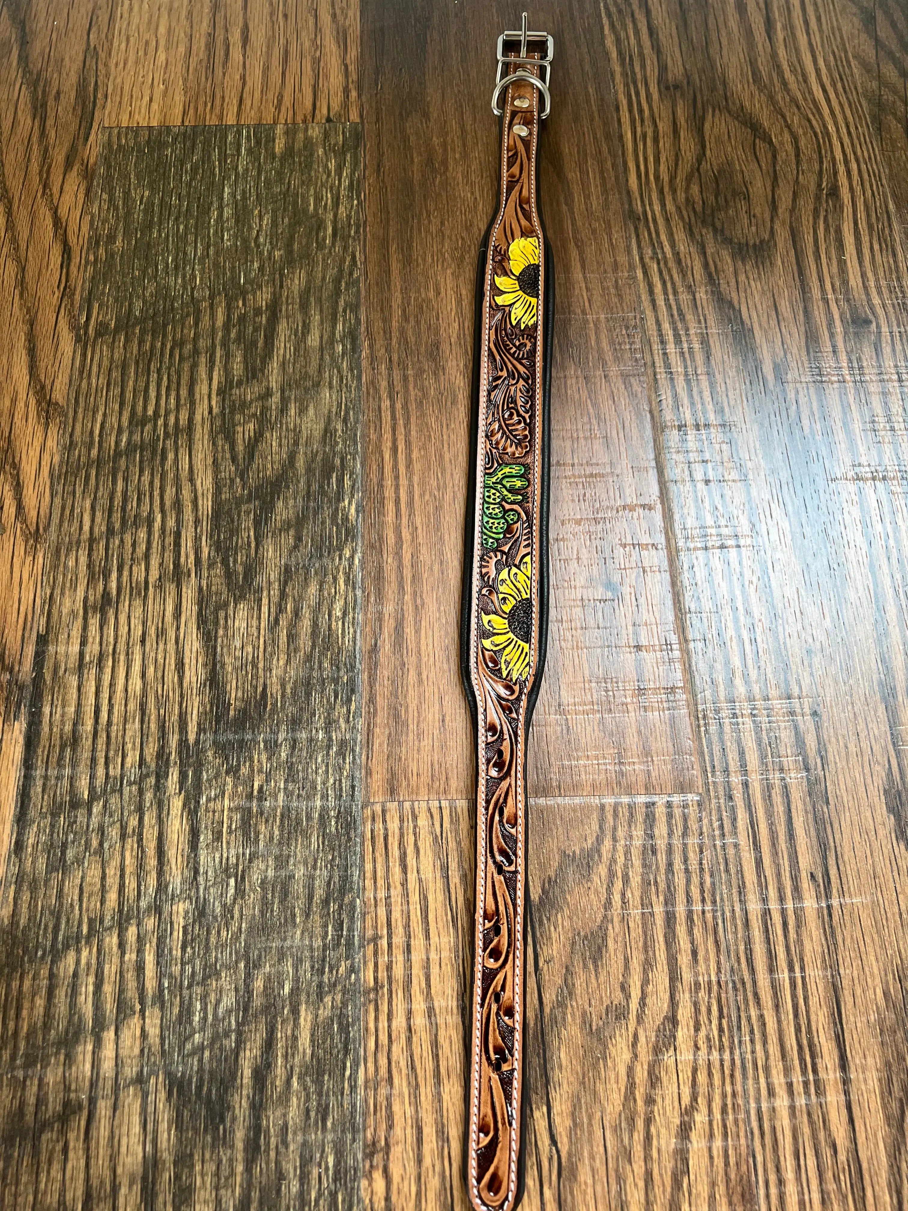 Handcrafted Padded Leather Tooled Dog Collar Sunflower Cactus Dog