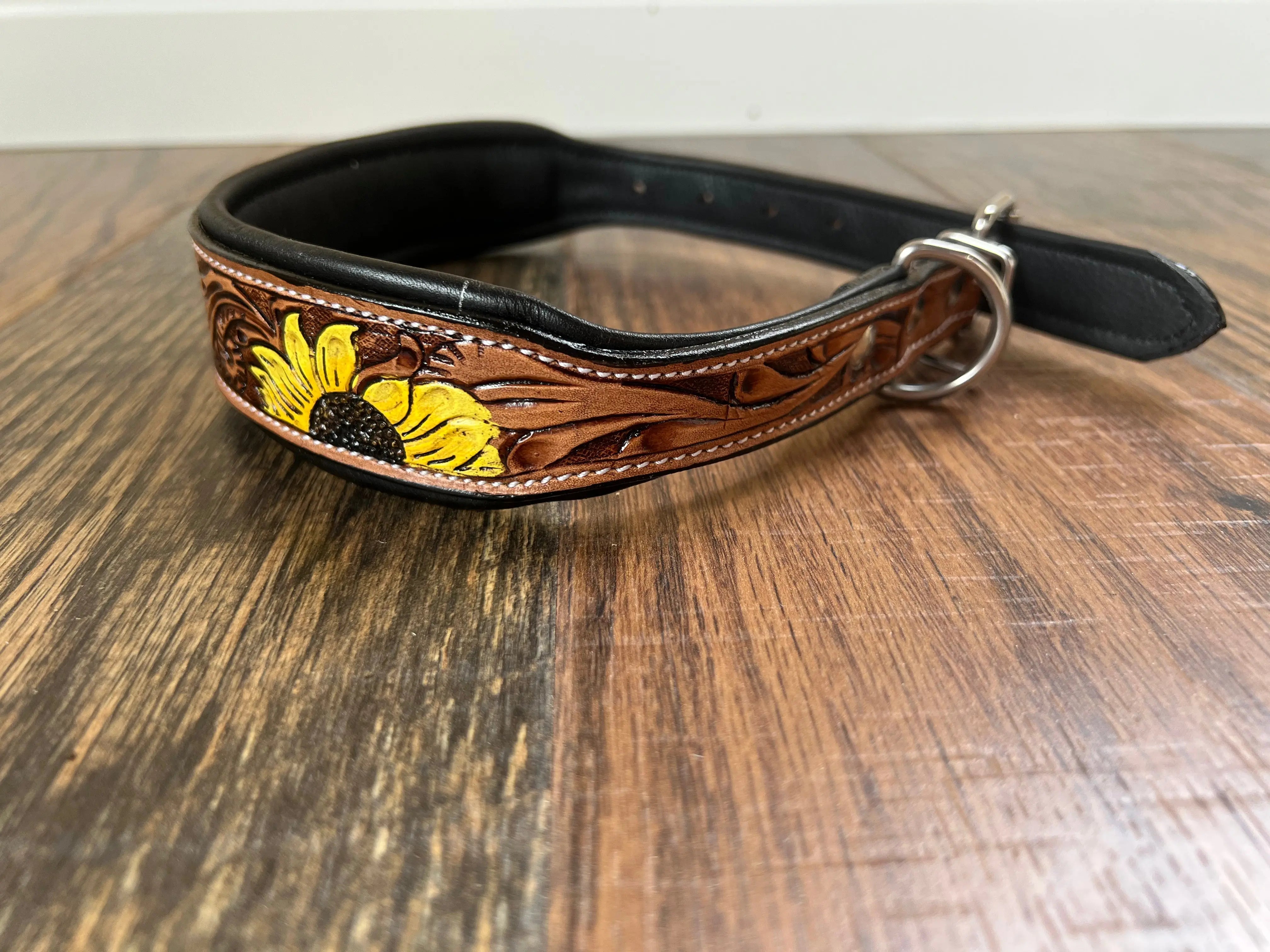 Handcrafted Padded Leather Tooled Dog Collar Sunflower Cactus Dog