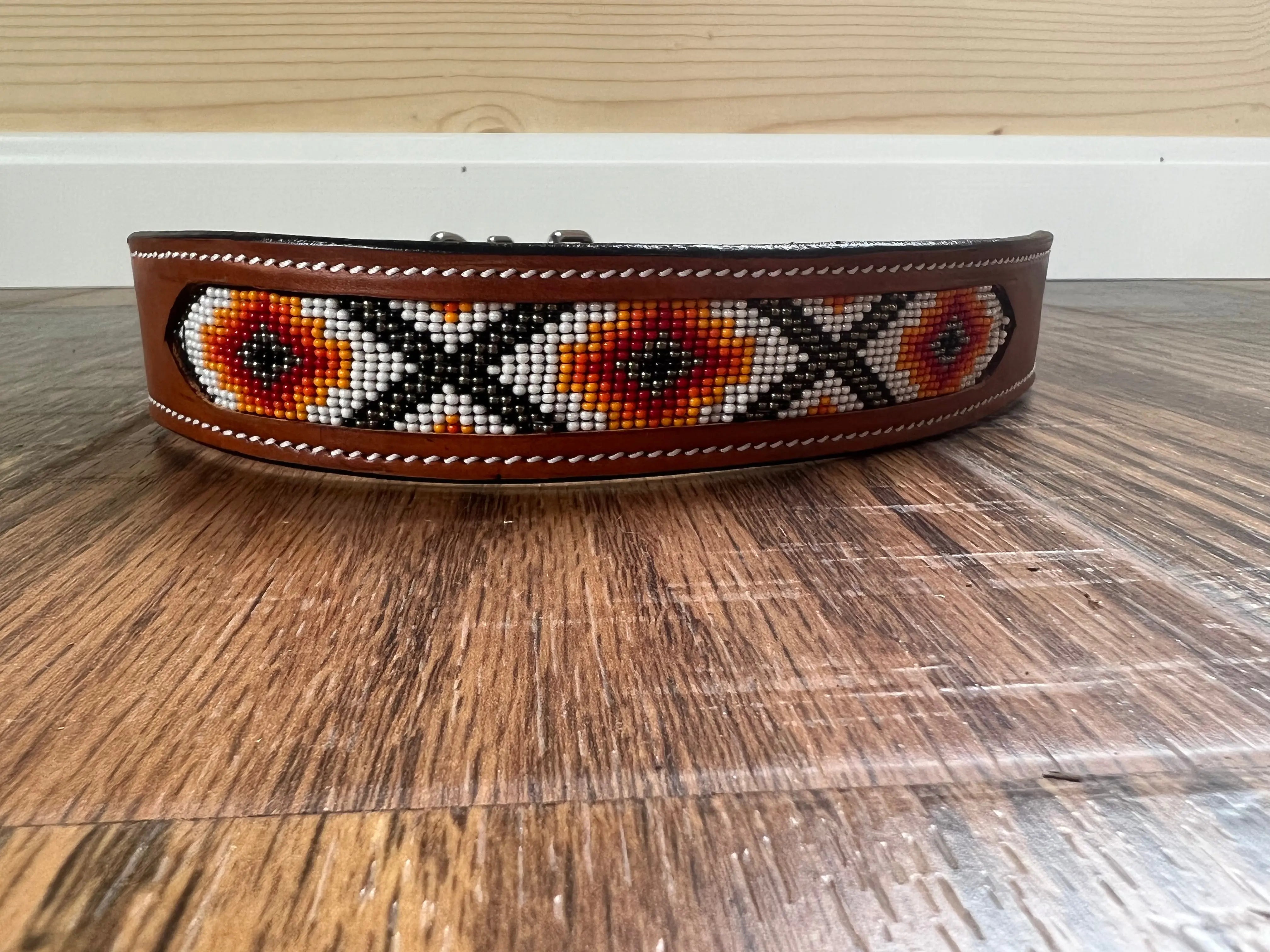 Leather Dog Collar with Orange and red beading Dog