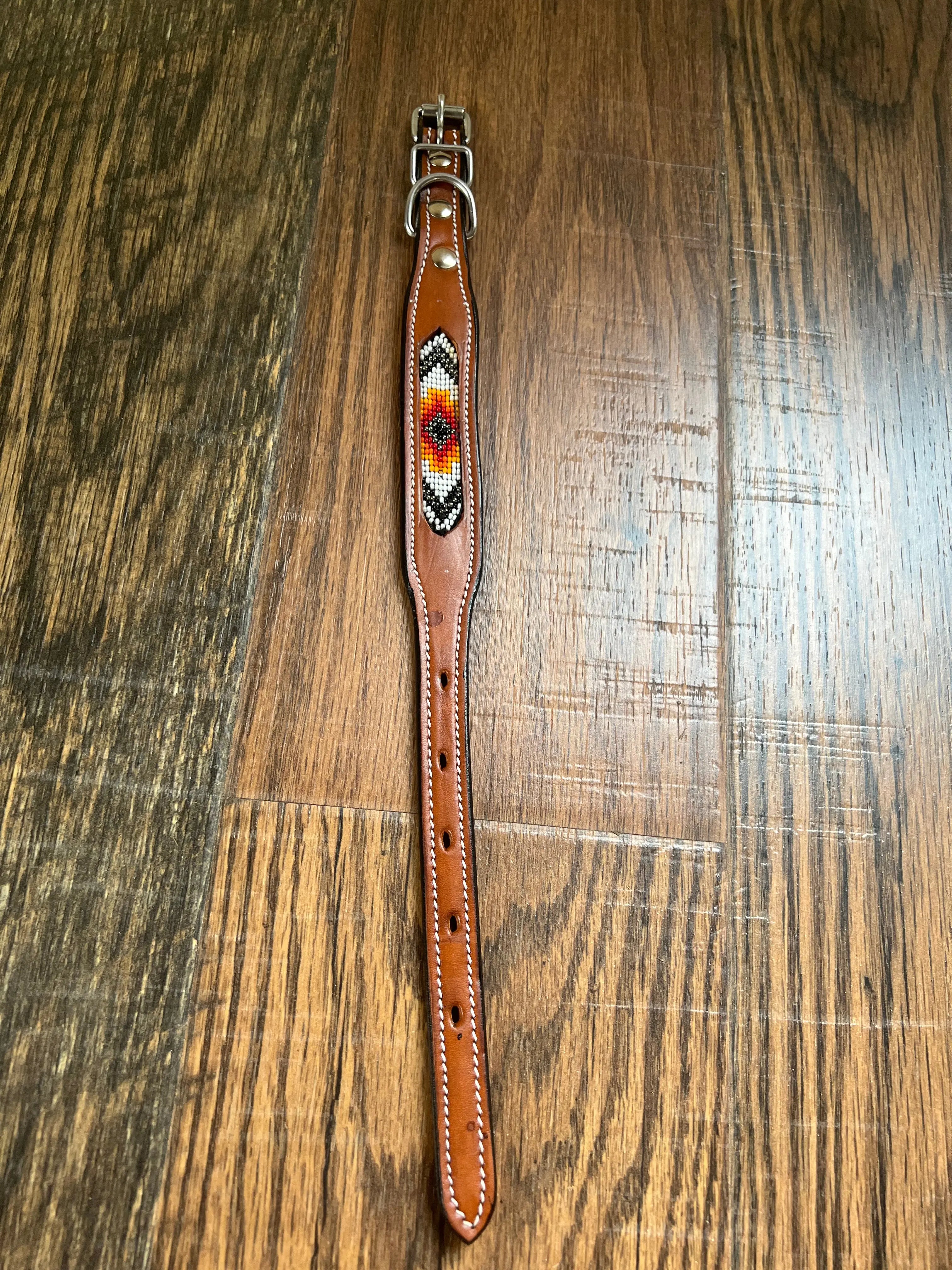 Leather Dog Collar with Orange and red beading Dog