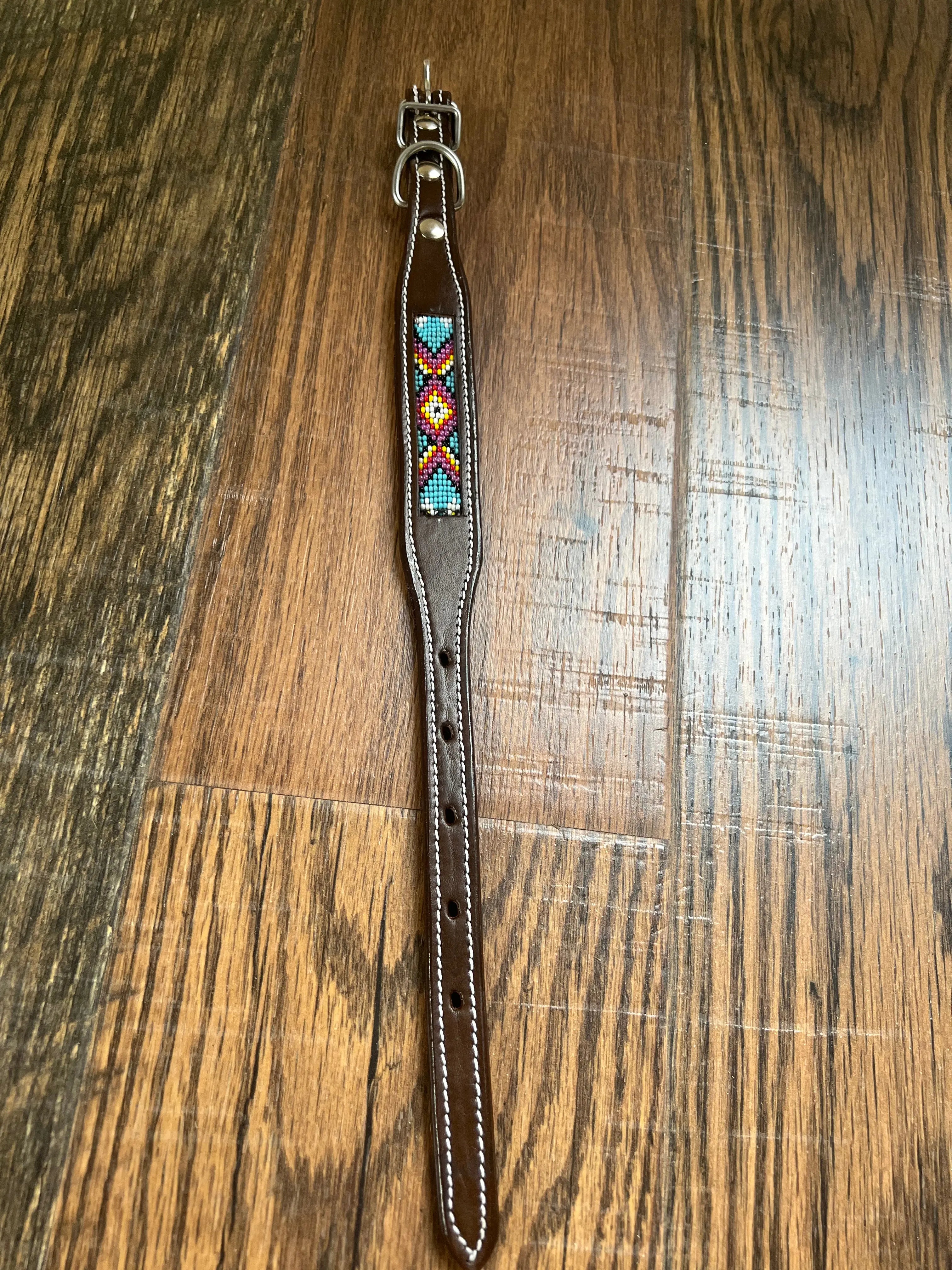 Leather Dog Collar with blue, pink yellow beading Dog