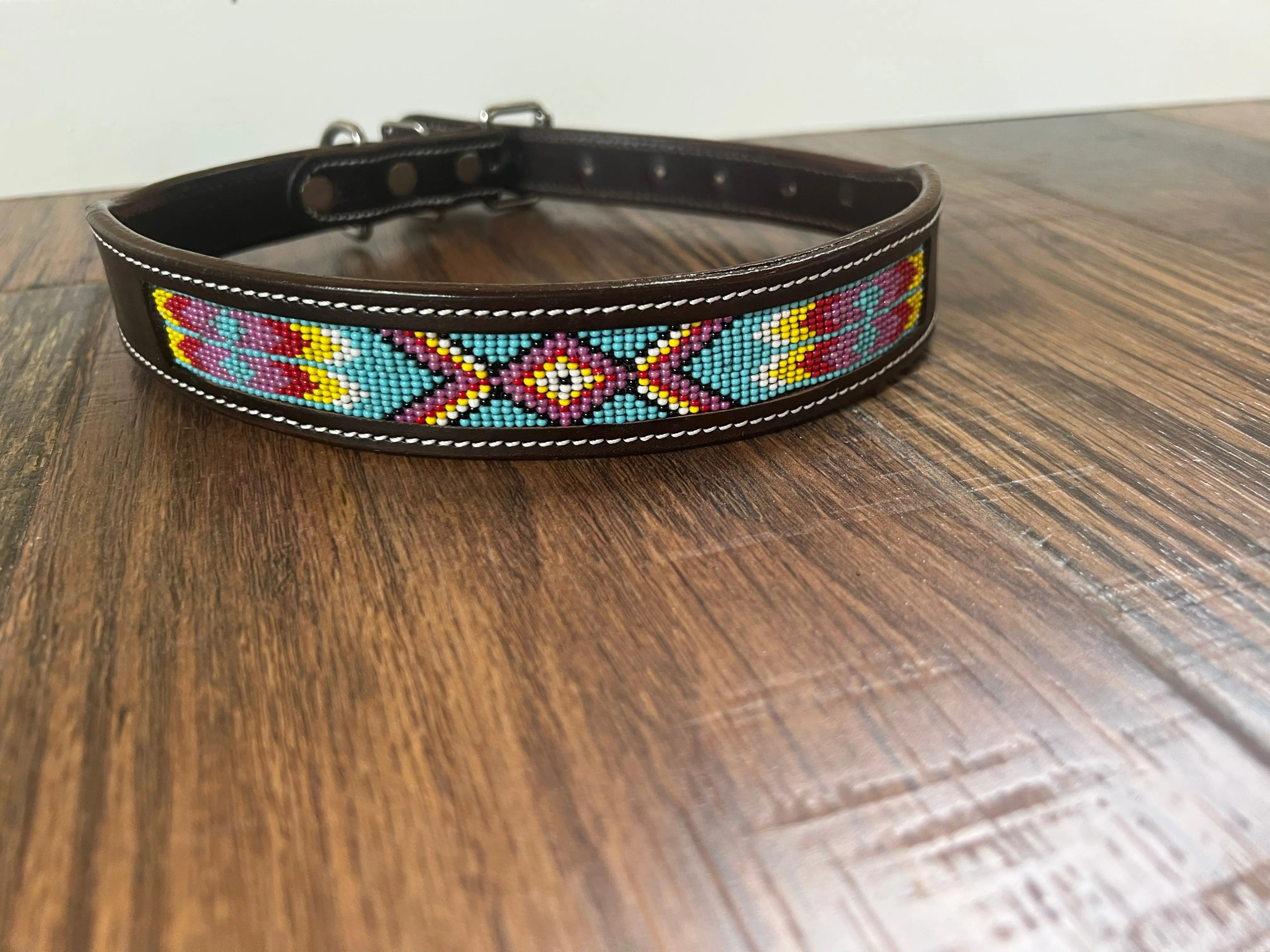 Leather Dog Collar with blue, pink yellow beading Dog