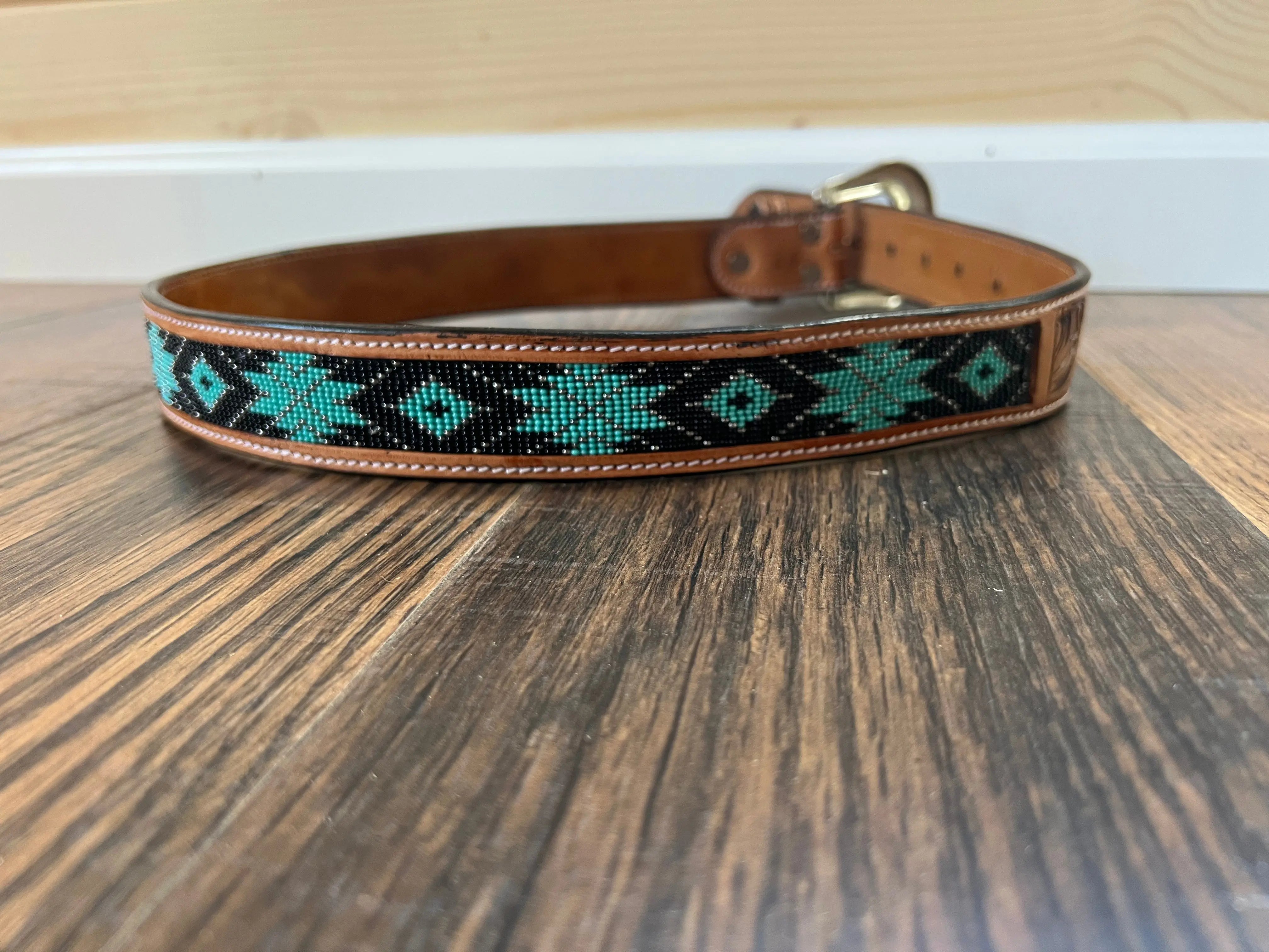 Handmade Leather Belt Tooled with Teal,Black & White Beading Belts