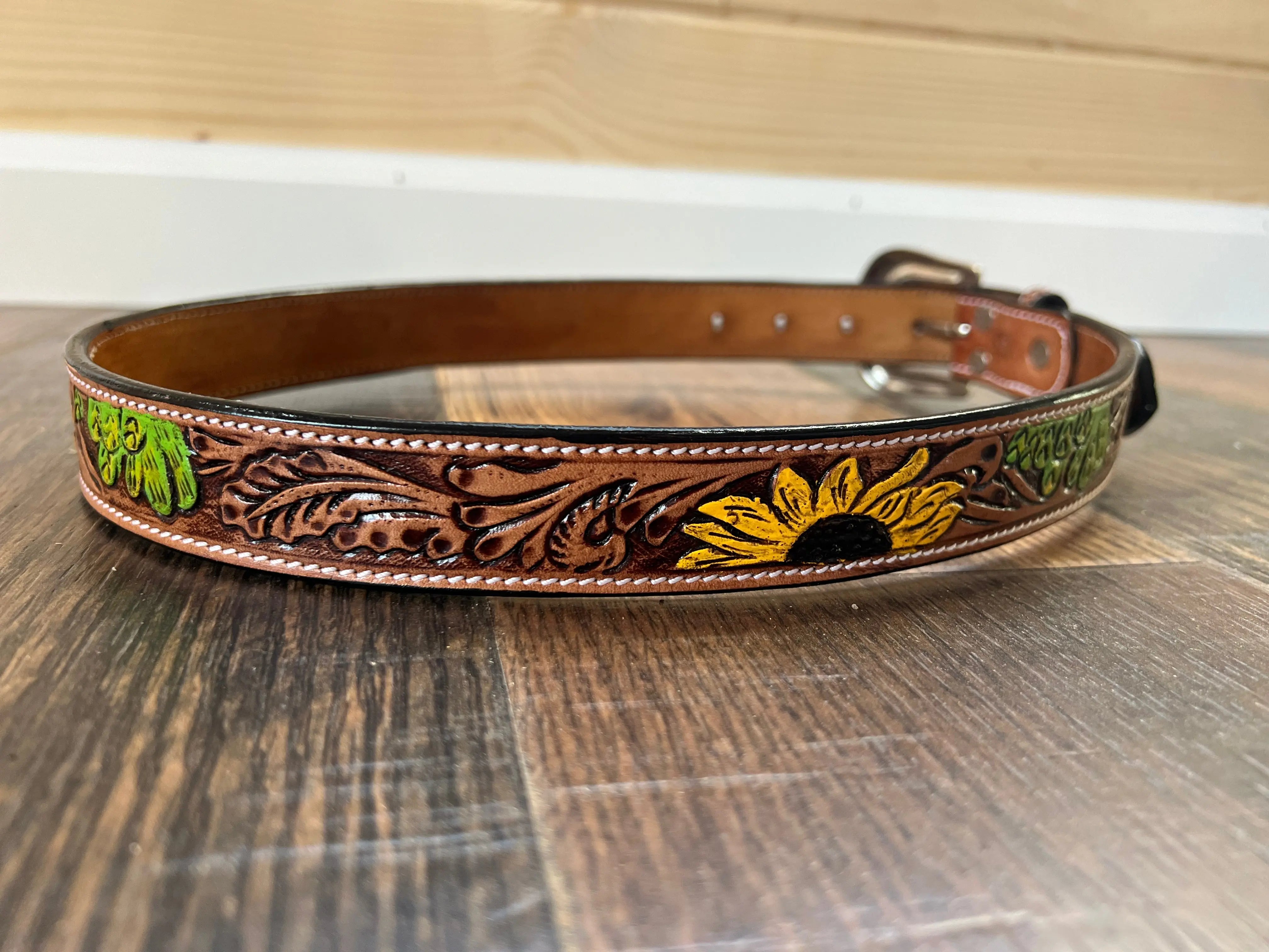Handmade Leather Tooled Sunflower Cactus Handpainted Belt Belts
