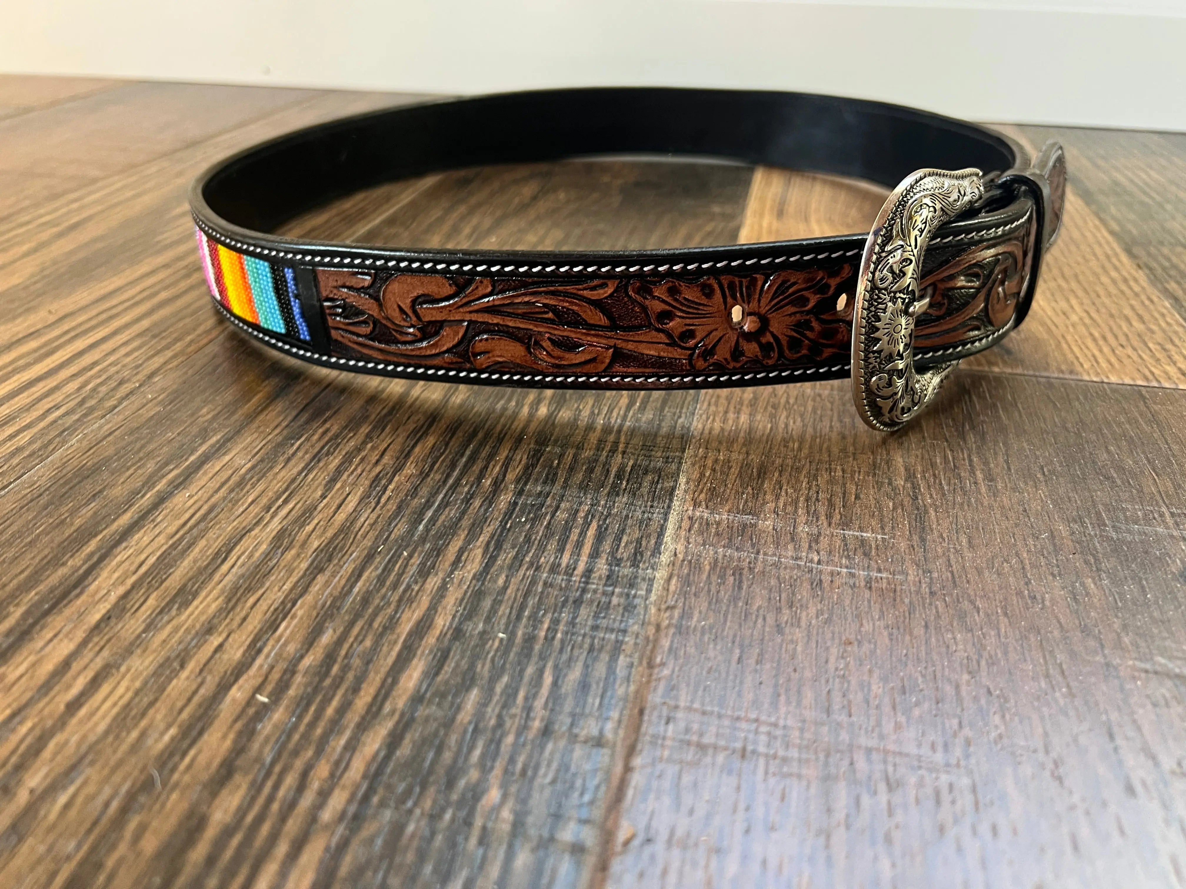 Handmade Leather Rainbow Beaded Tooled Belt Belts