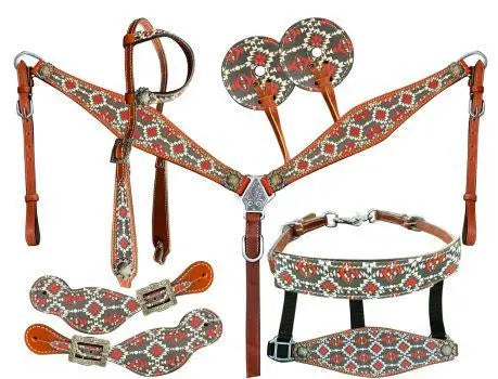 Southwest Navaho Print One Ear Headstall and Breast Collar 6- piece set Horse Tack