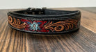 Handcrafted Padded Leather Tooled Dog Collar Blue/Red flowers Dog