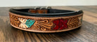 Handcrafted Padded Leather Tooled Dog Collar Red Leaf Dog