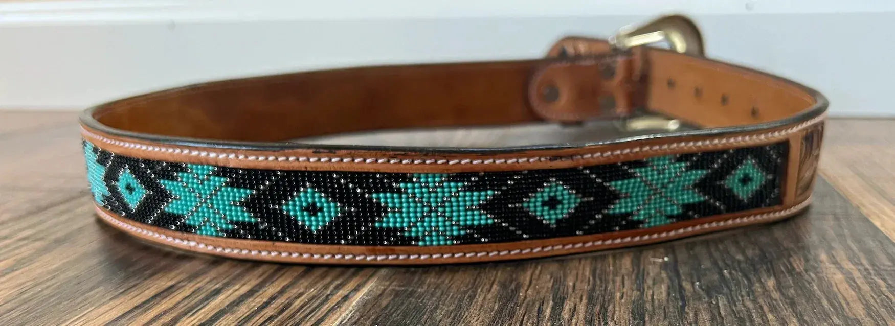 Handmade Leather Belt Tooled with Teal,Black & White Beading Belts
