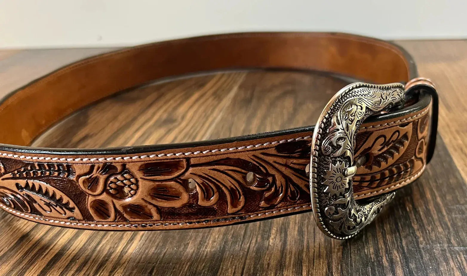 Handmade Leather Belt Tooled with Teal,Black & White Beading Belts