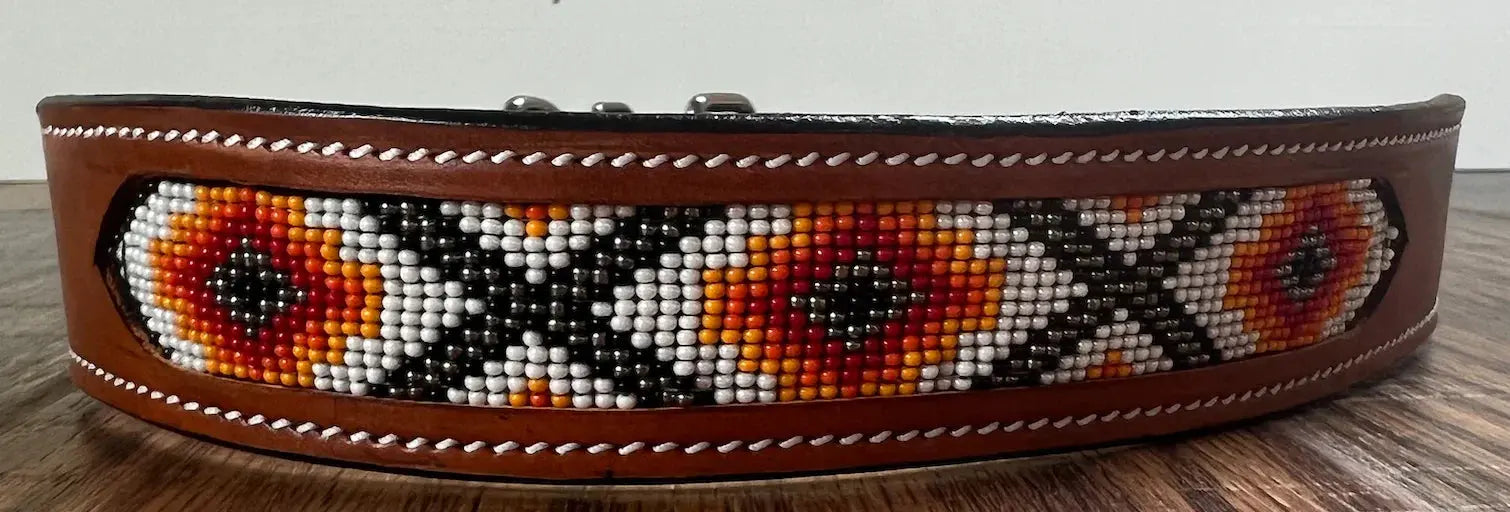 Leather Dog Collar with Orange and red beading Dog