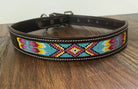 Leather Dog Collar with blue, pink yellow beading Dog