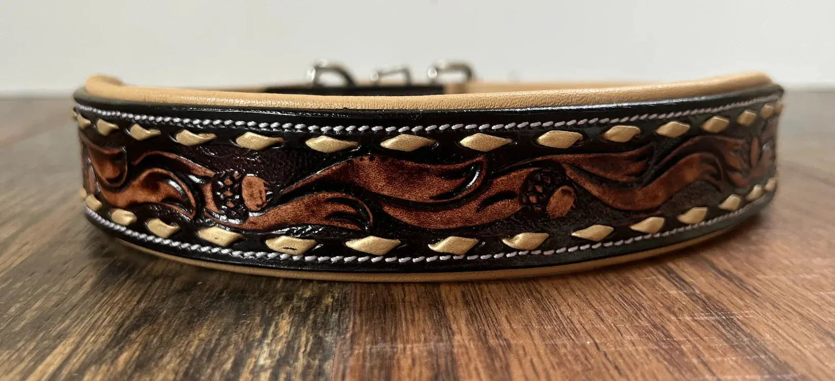 Handcrafted Padded Leather Tooled Dog Collar With Buckstiching Dog