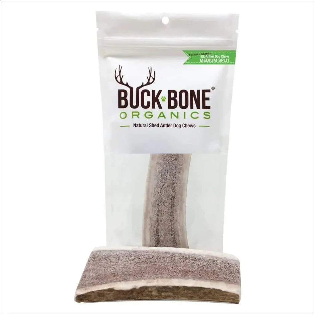 Buck Bone Organics split elk antler dog chew in clear bag