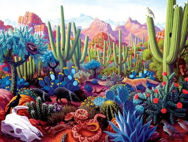 0265 Cactusland 1000 pc puzzle: vibrant desert with cacti, fox, snake, mountains