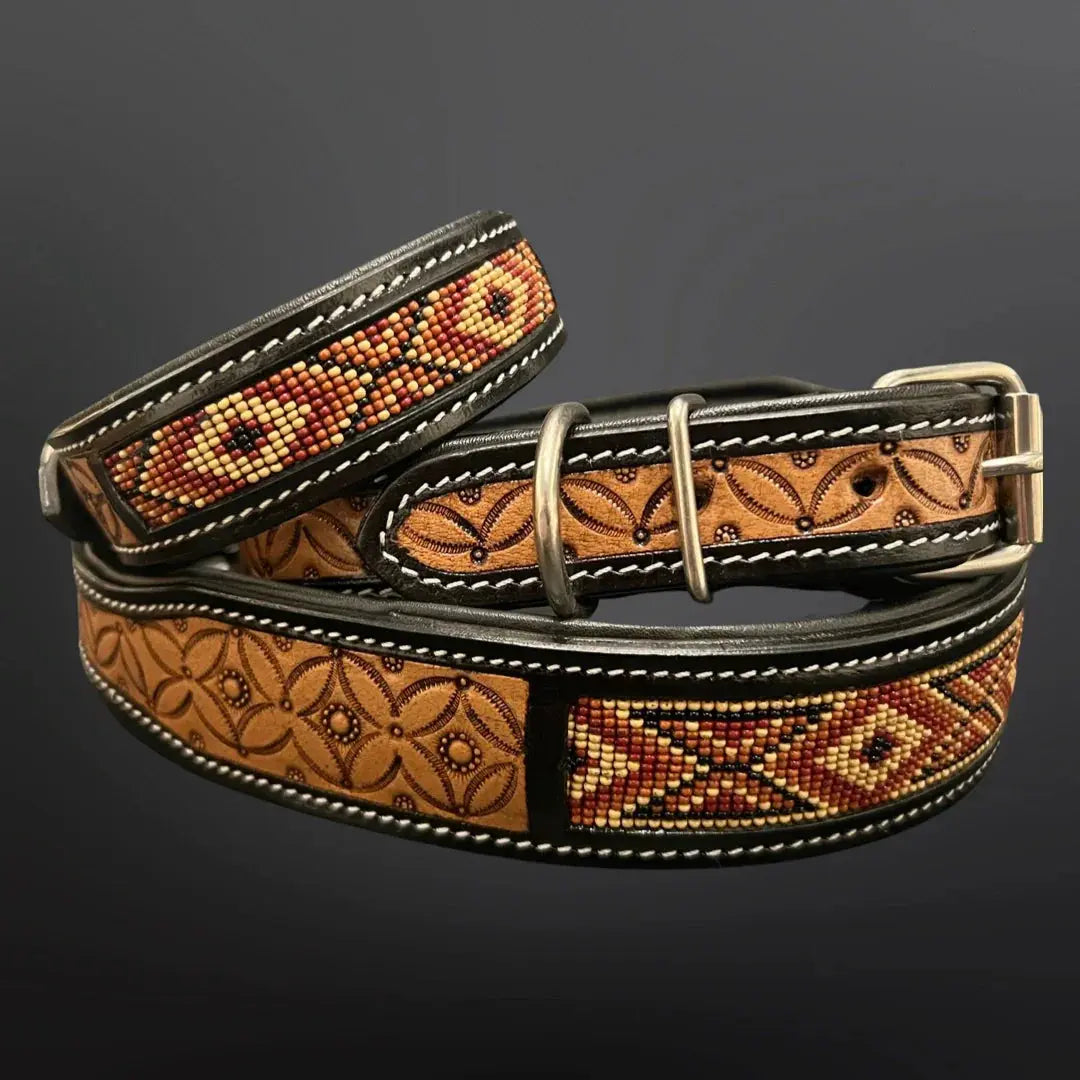 Western Beaded Dog Collar - Tooled Leather Dog