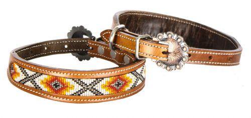 Leather Dog Collar Beaded Inlay Red, Orange, and Yellow - KP Pet Supply
