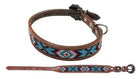 Blue and Red Beaded inlay leather dog collar with copper buckle. Dog