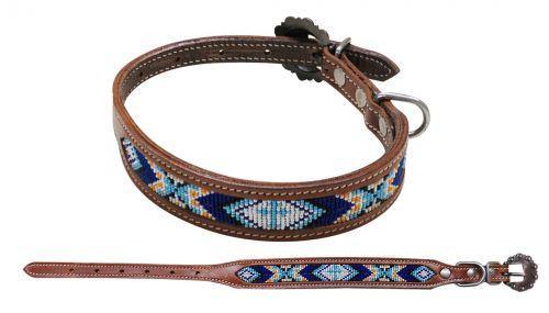 Leather Dog Collar With Teal & Blue Cross Design Beaded Inlay - KP Pet Supply