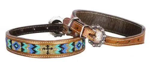 Genuine leather dog collar with Blue, teal and cross beaded inlay Dog