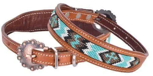 Leather Dog Collar With Cross Design Beaded Inlay Dog