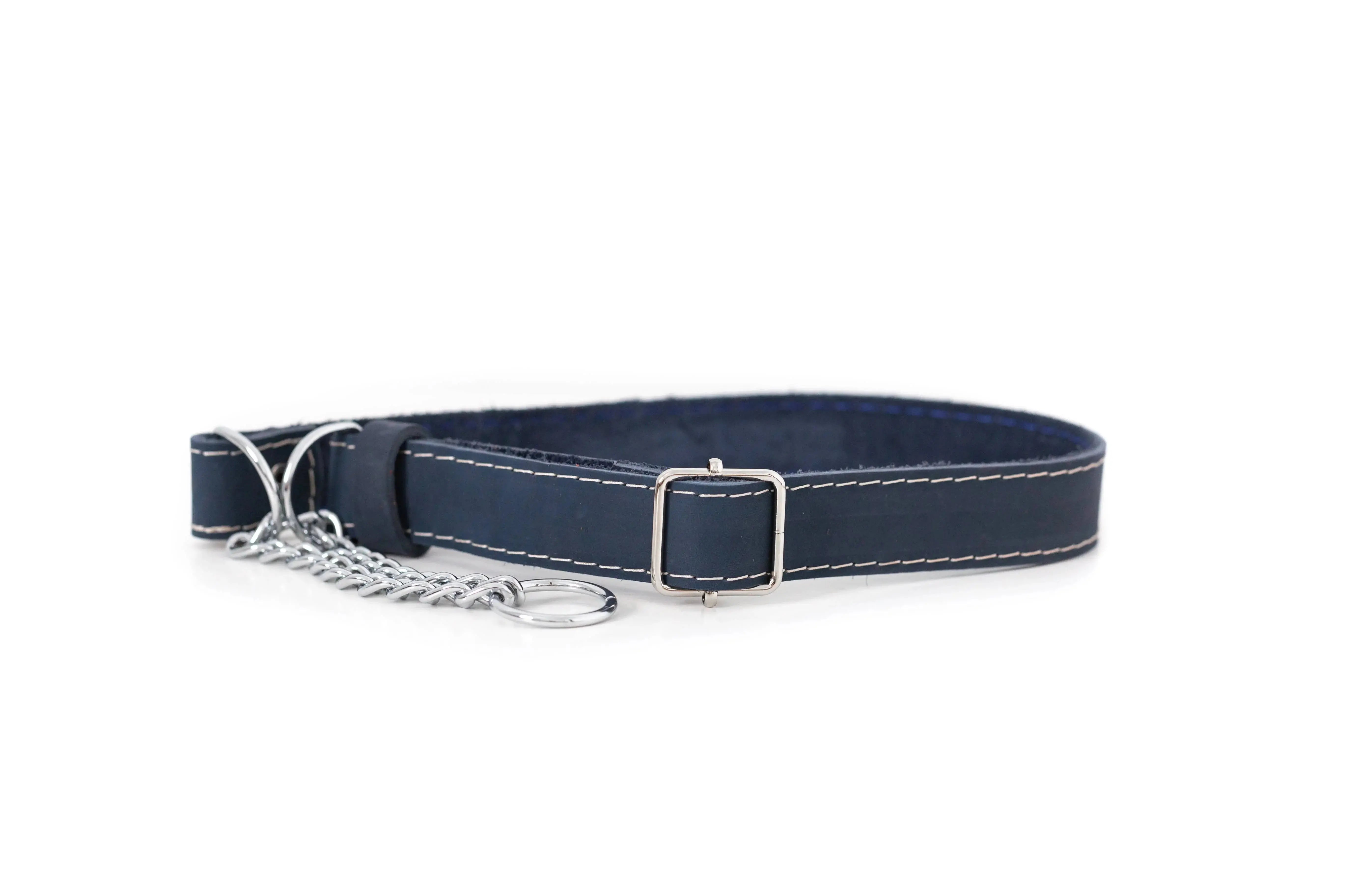 Euro-Dog Collar Martingale - Navy blue leather with silver buckle