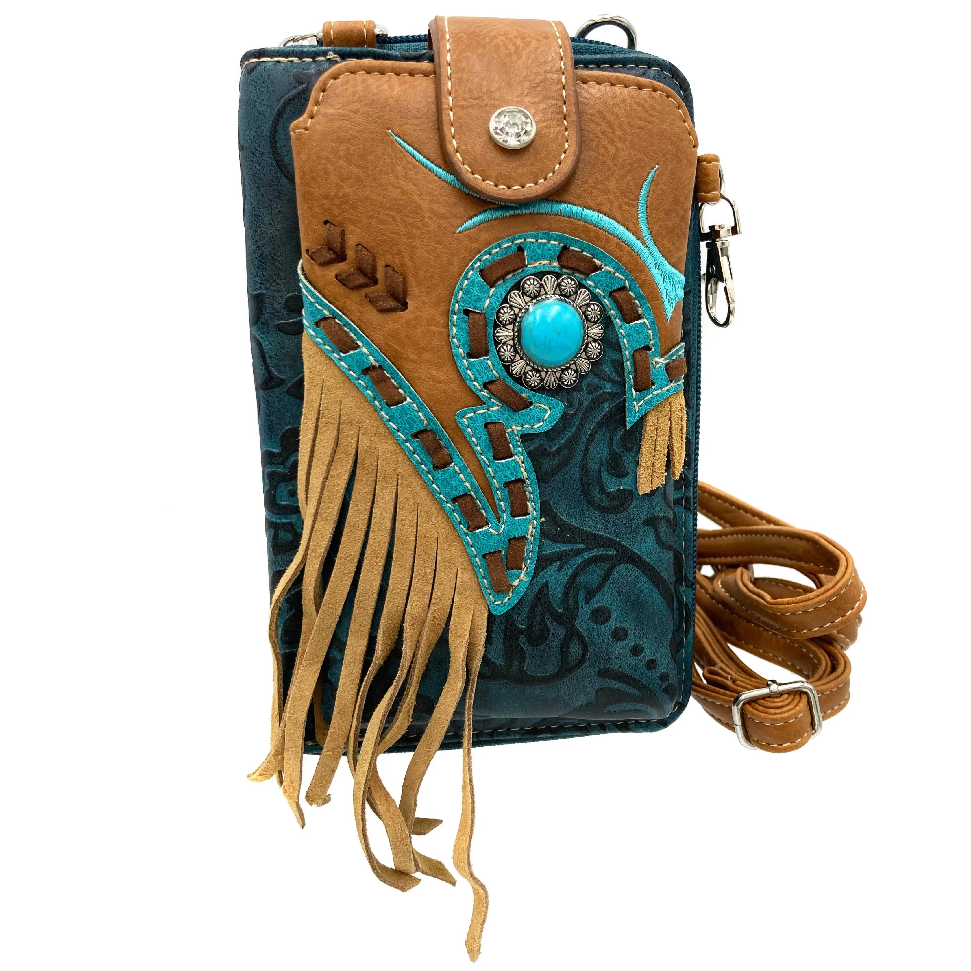 Turquoise Concho Fringe Crossbody Western Phone Wallet handbag