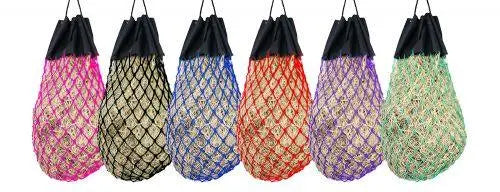 Easy-fill slow feed nylon hay bag with drawstring top closure Horse