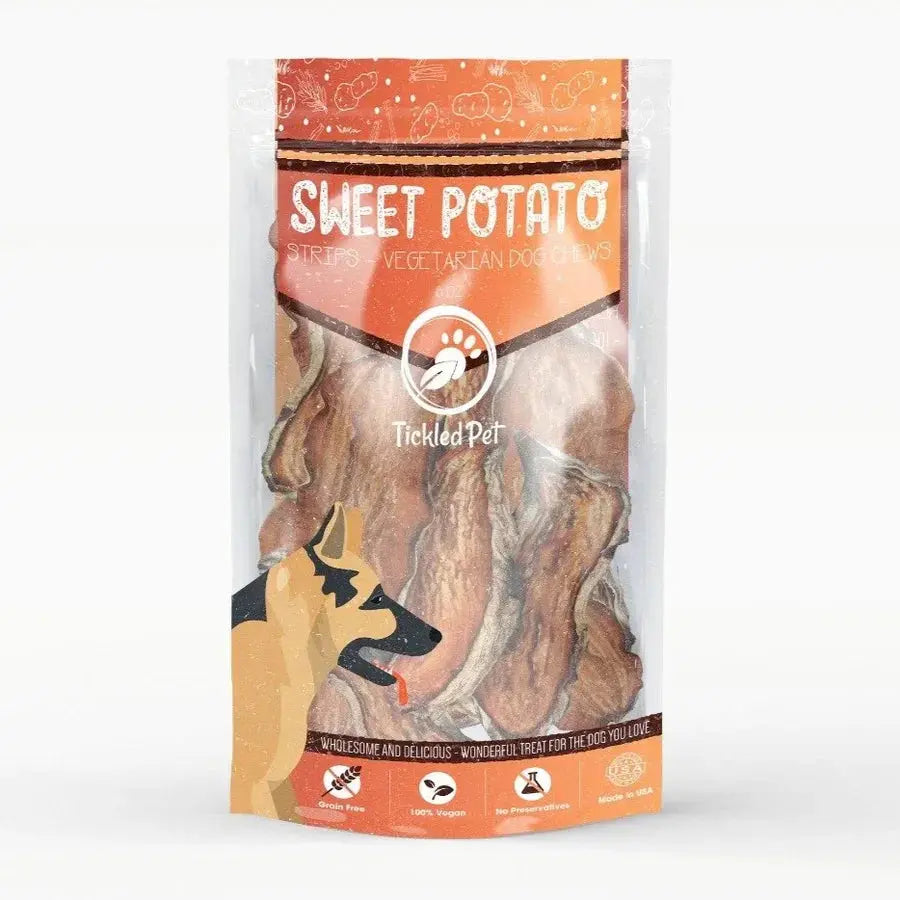 Tickled Pet sweet potato strips: orange brown vegetarian dog treats