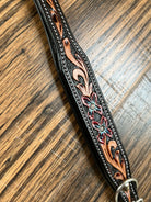 Handcrafted Padded Leather Tooled Dog Collar Blue/Red flowers Dog