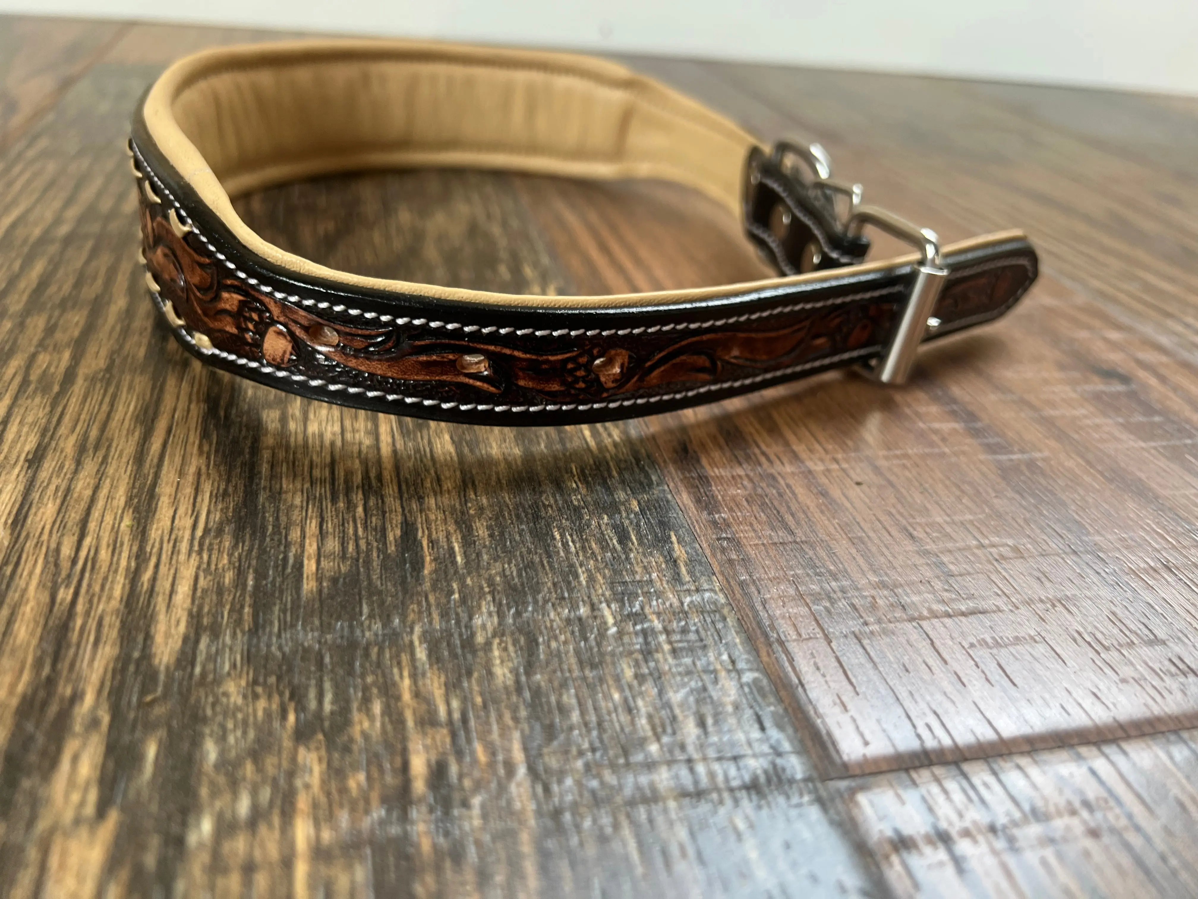 Handcrafted Padded Leather Tooled Dog Collar With Buckstiching Dog