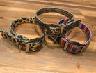 Three patterned dog collars with metallic buckles in sunflower, leopard, and stripes for colorful leash sets
