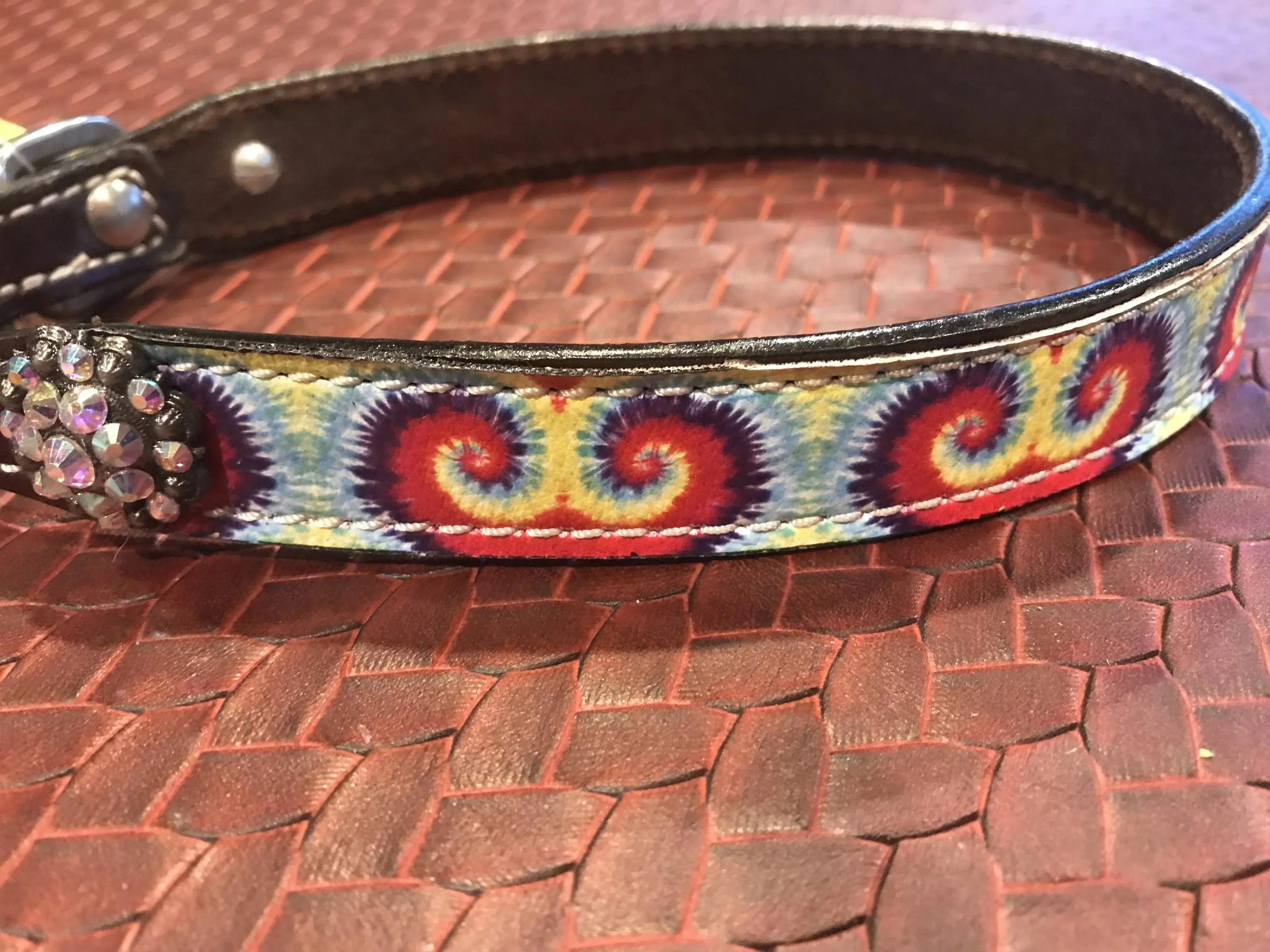 Genuine leather dog collar with tie dye print. Dog