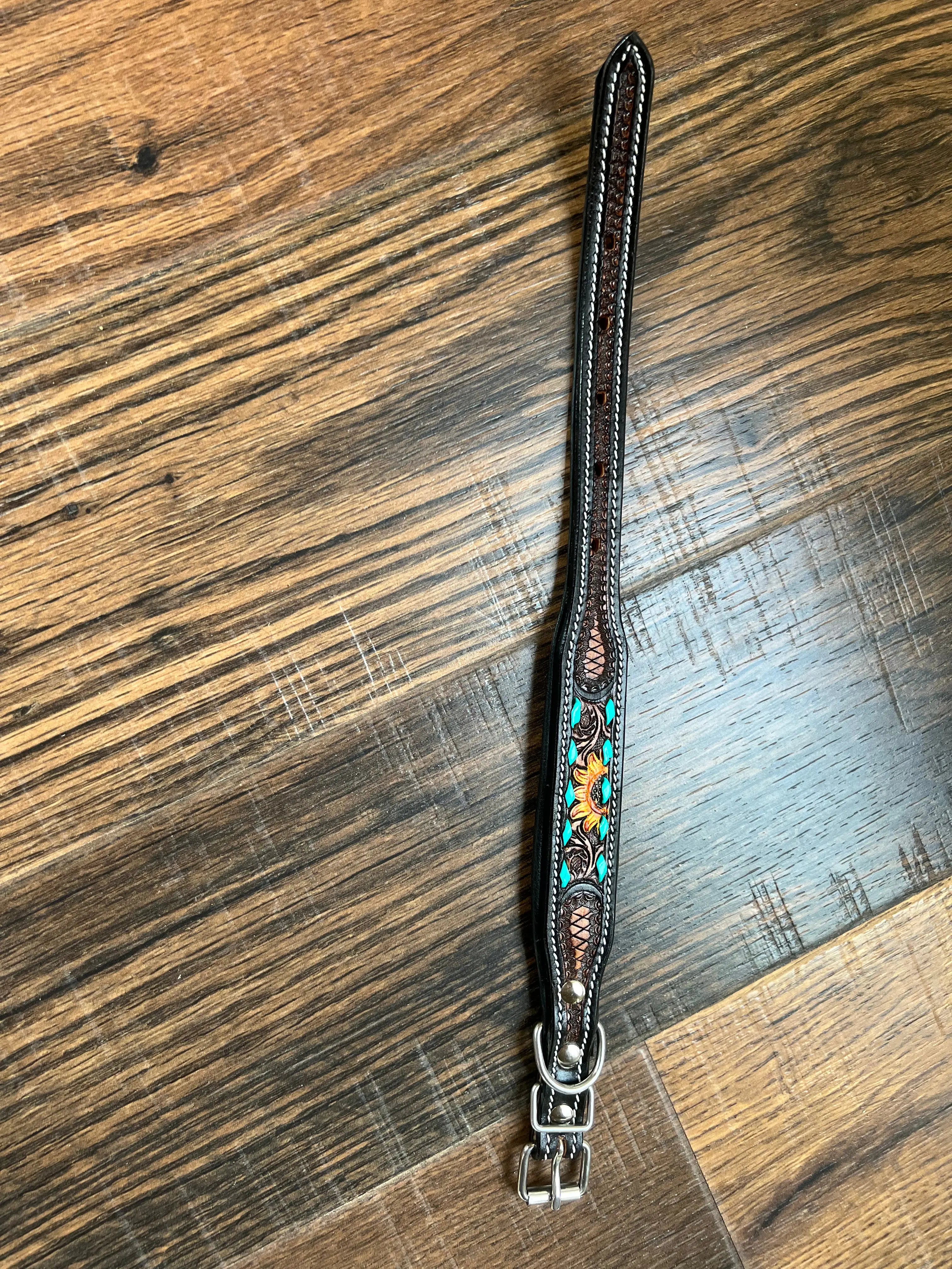 Handcrafted Padded Leather Tooled Dog Collar Sunflower with Teal Stitching Dog