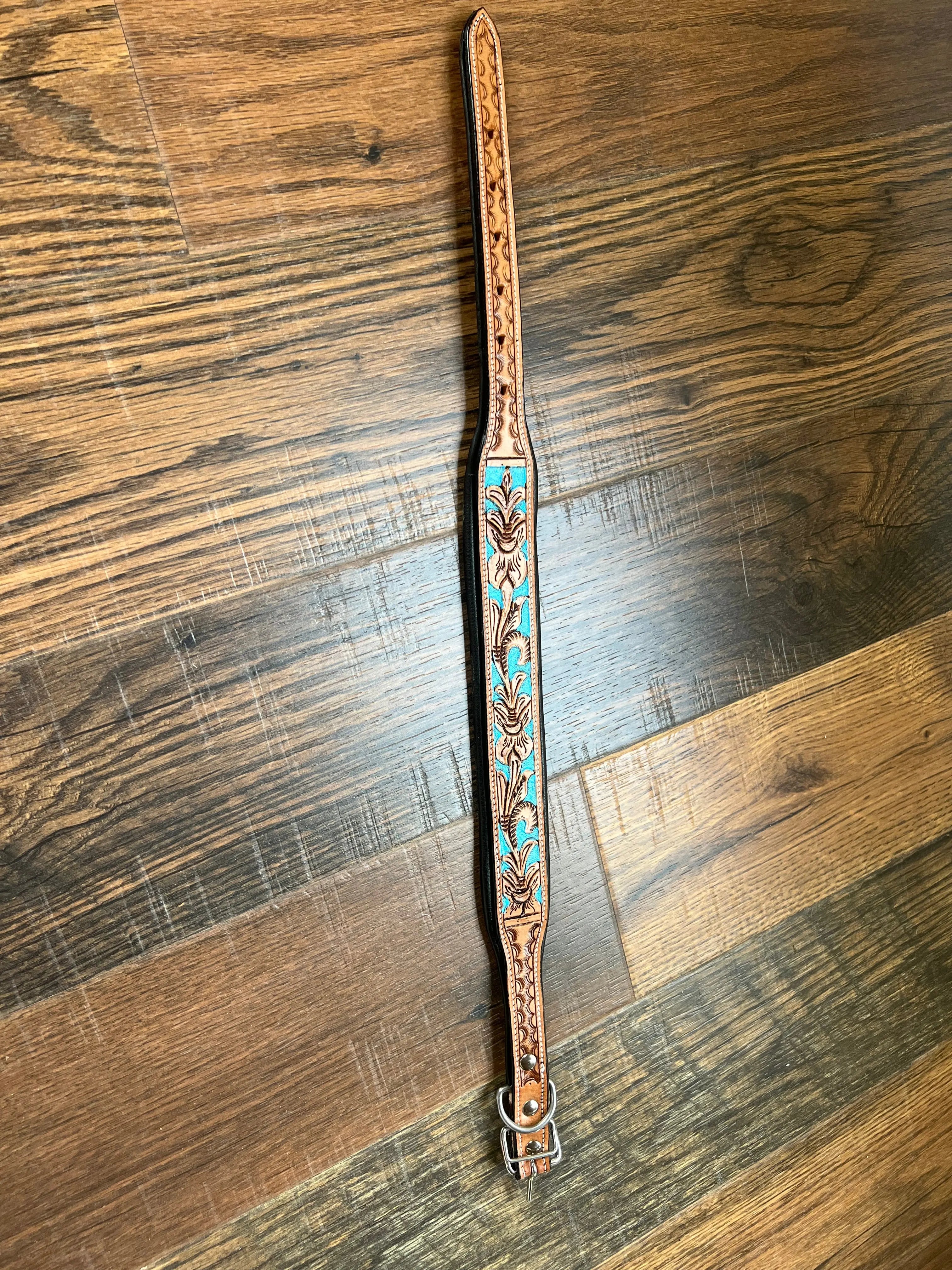 Handcrafted Padded Leather Tooled Dog Collar with Blue Accents Dog