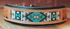 Handcrafted Padded Leather Tooled Dog Collar with White, Teal and Gold Beading Dog