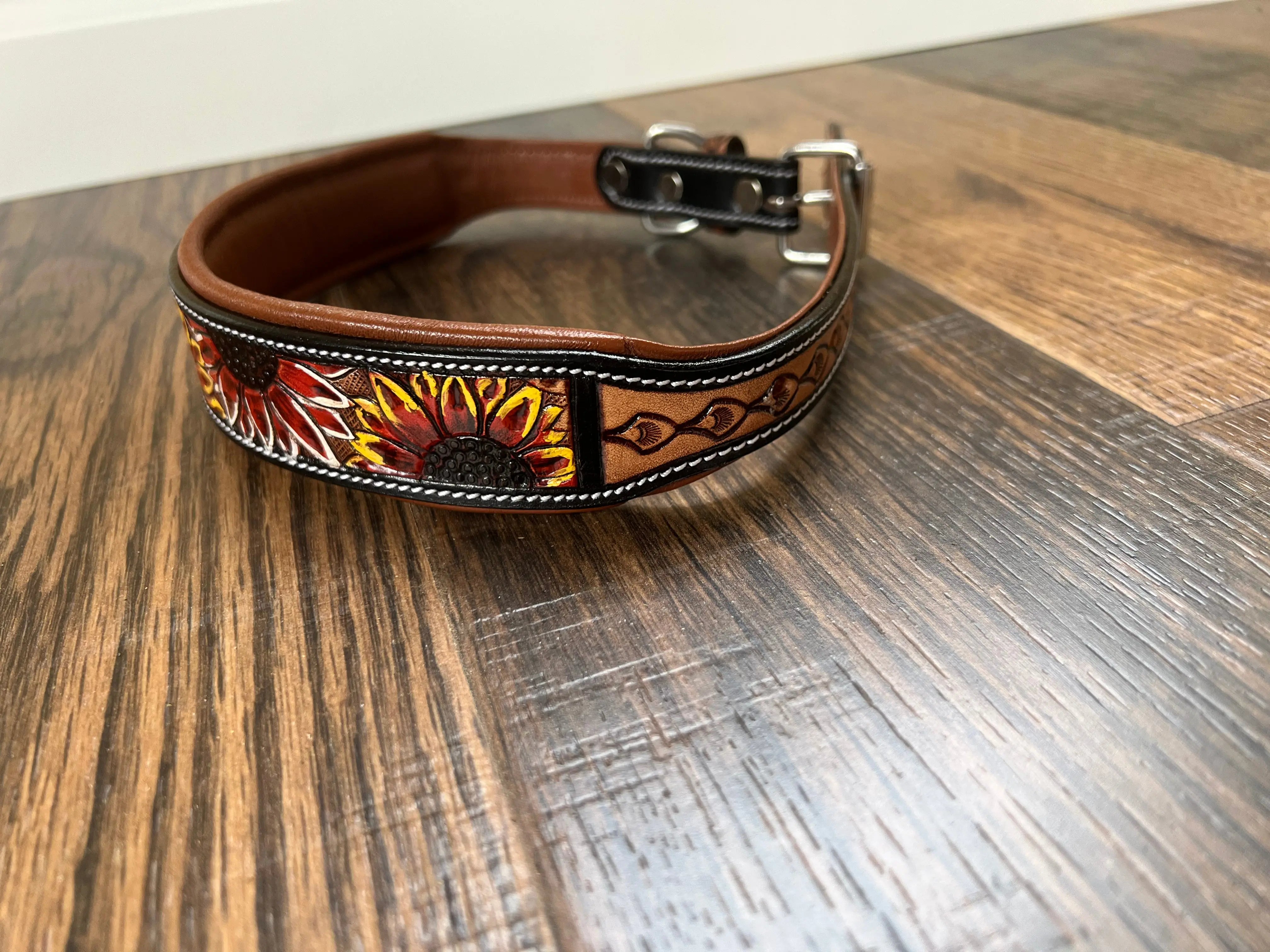 Handcrafted Padded Leather Tooled Dog Collar Fire Sunflowers Dog