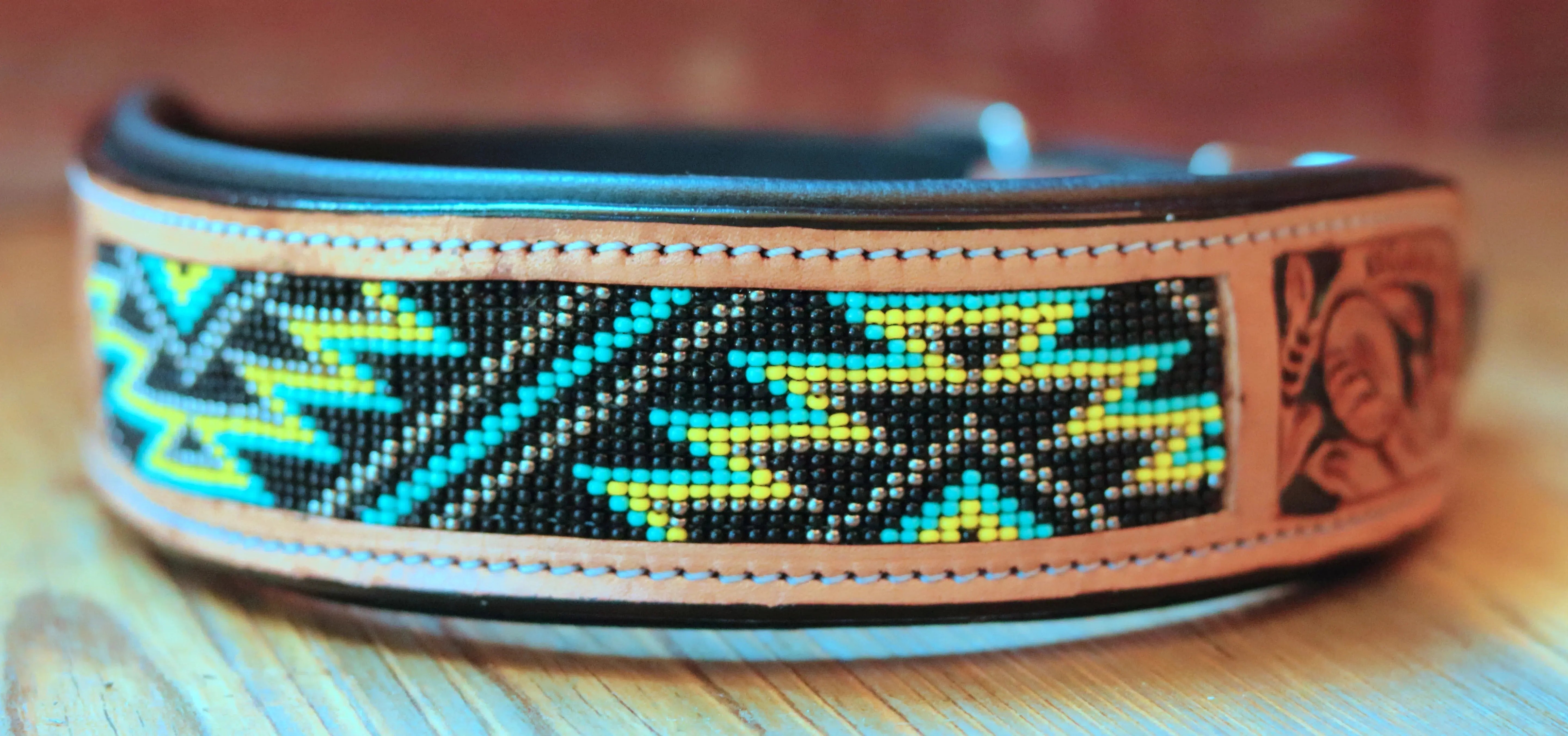 Handcrafted Padded Leather Tooled Dog Collar with Yellow, Blue Beading Dog