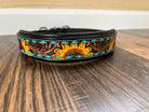 Handcrafted Padded Leather Tooled Dog Collar Sunflower with Teal Stitching Dog