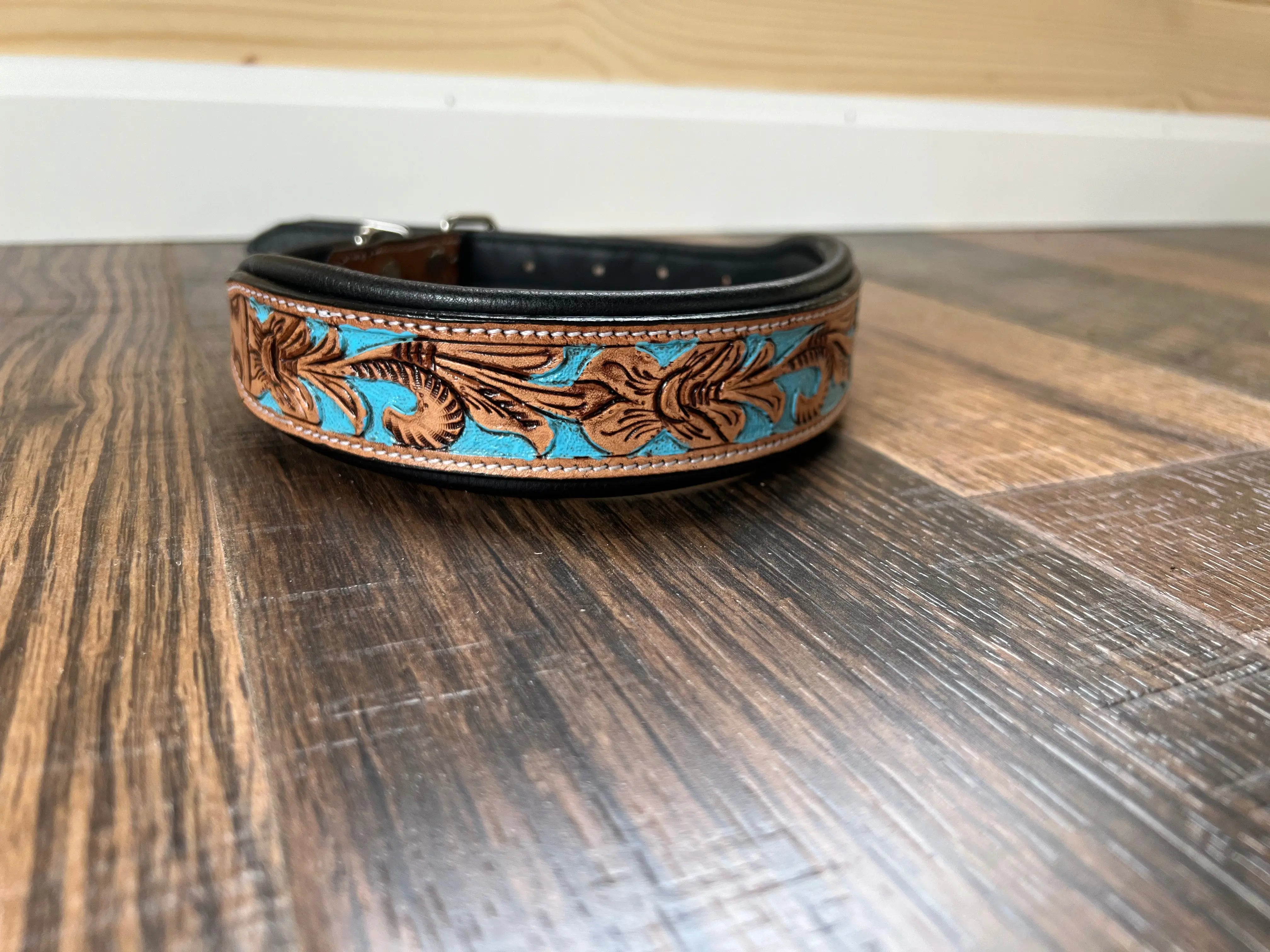 Handcrafted Padded Leather Tooled Dog Collar with Blue Accents Dog