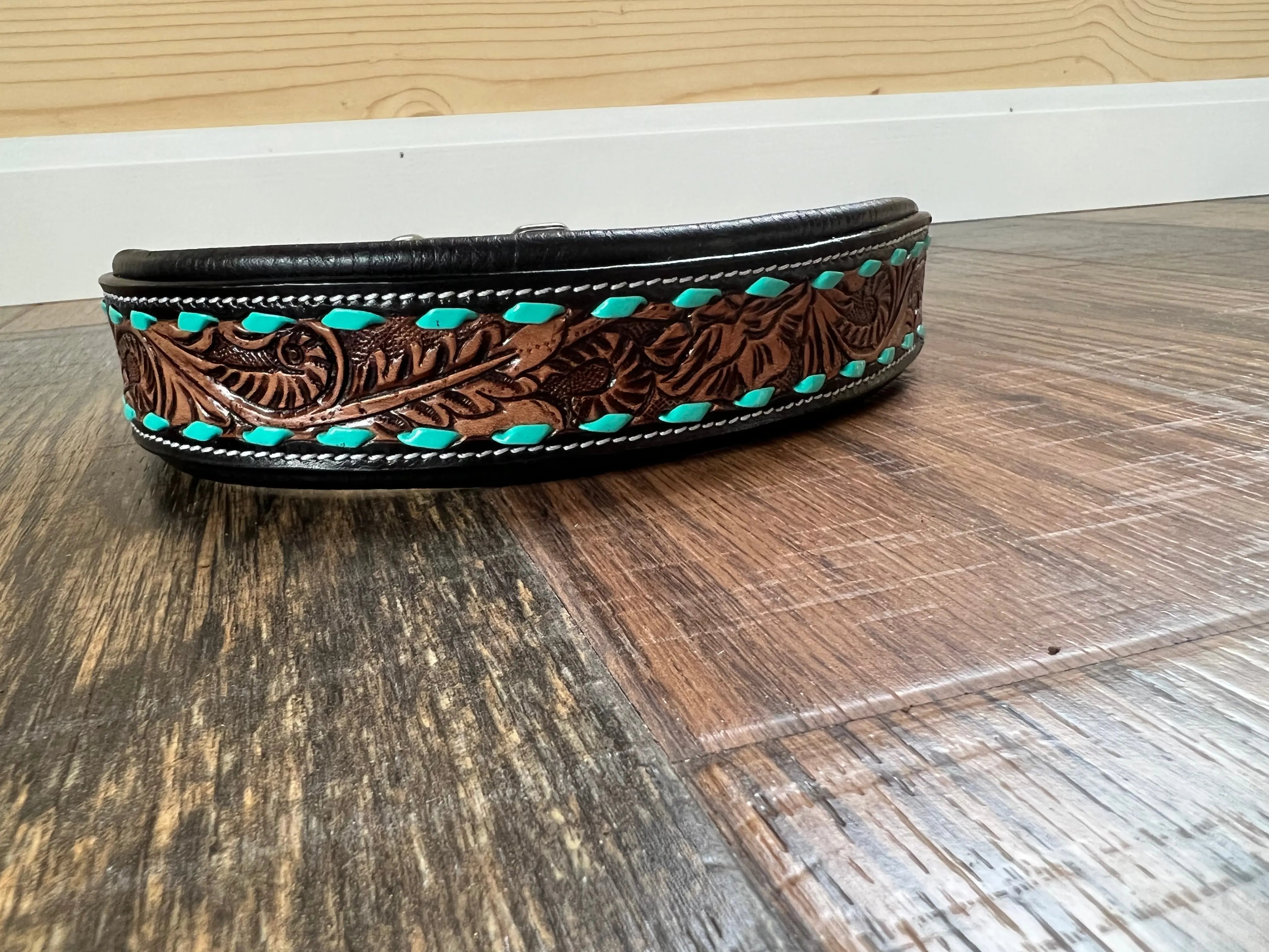 Handcrafted Padded Leather Tooled Dog Collar Leaf tooling and Teal lacing Dog