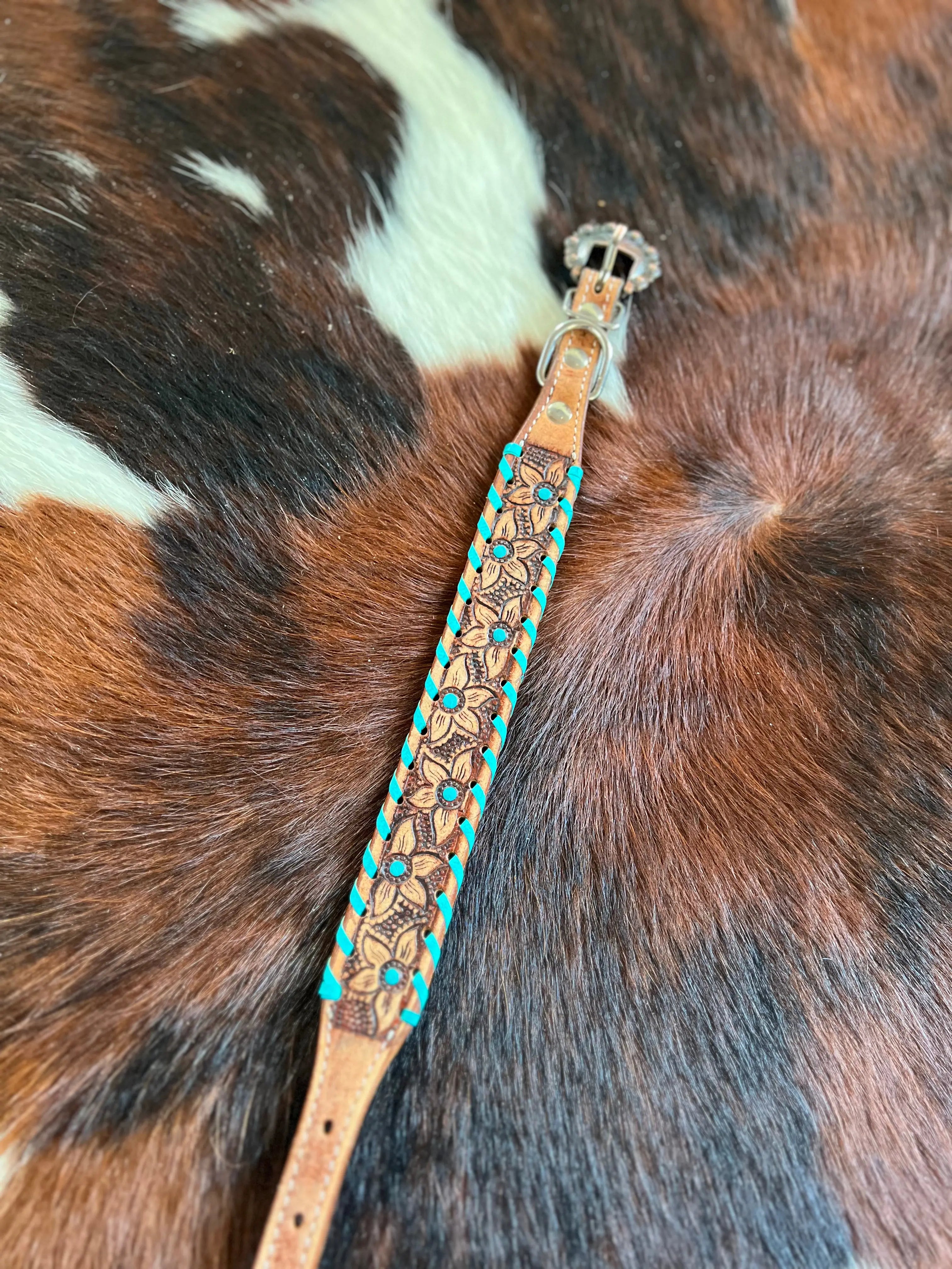 Genuine leather dog collar with turquoise beaded floral tooled tan strap