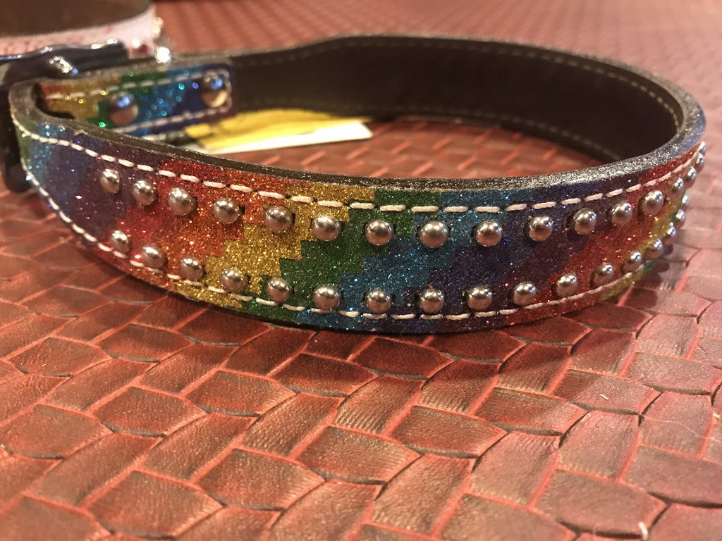 Showman Couture ™ Rainbow Glitter overlay leather dog collar. - KP Pet Supply