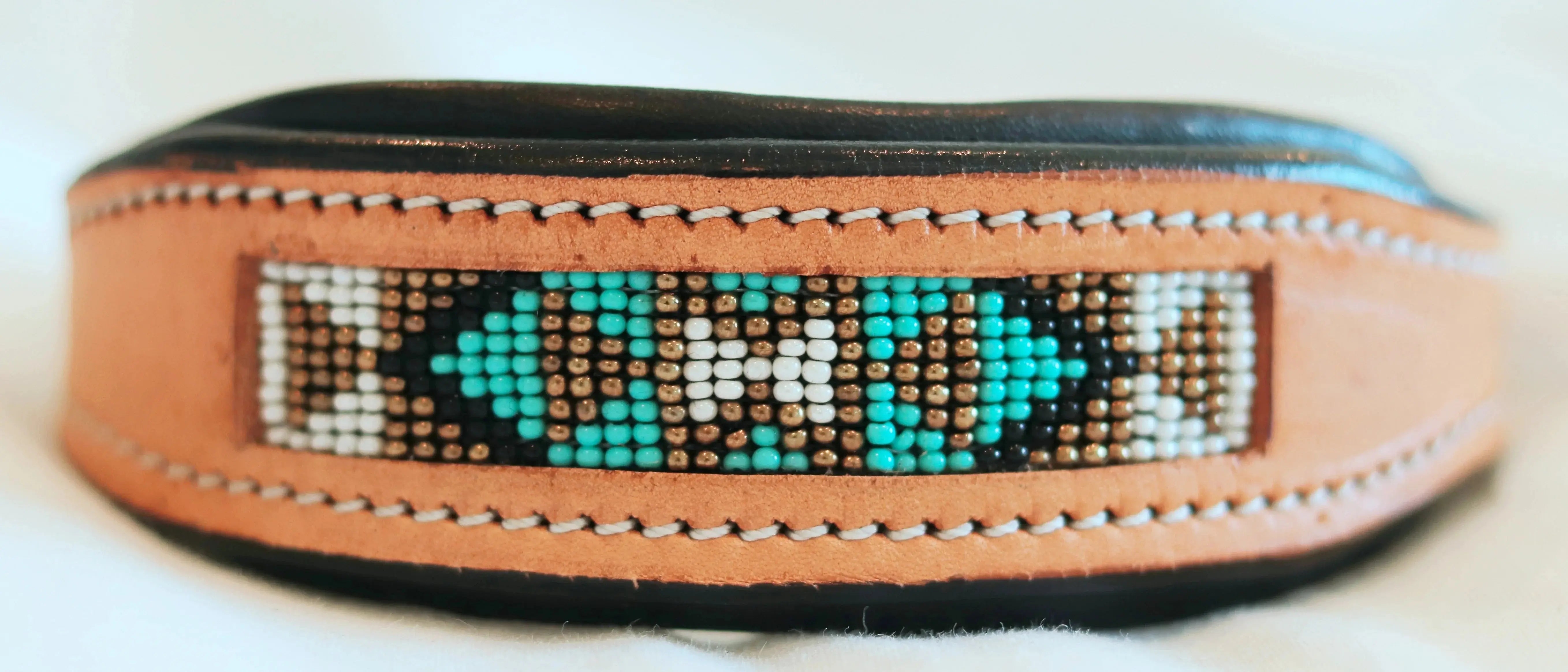 Handcrafted Padded Leather Tooled Dog Collar with White, Teal and Gold Beading Dog