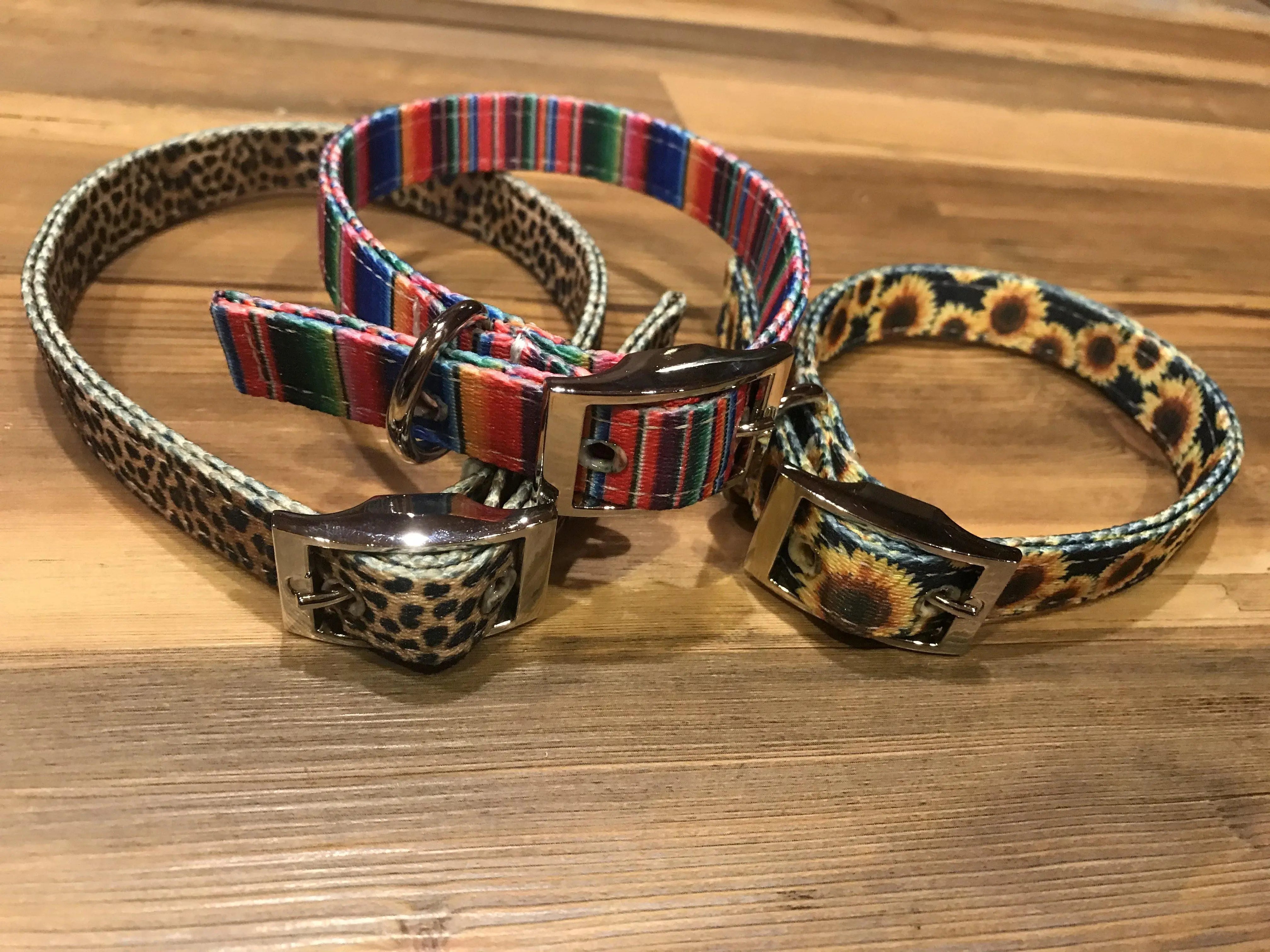 Dog collar & leash set with leopard, serape stripe & sunflower patterns