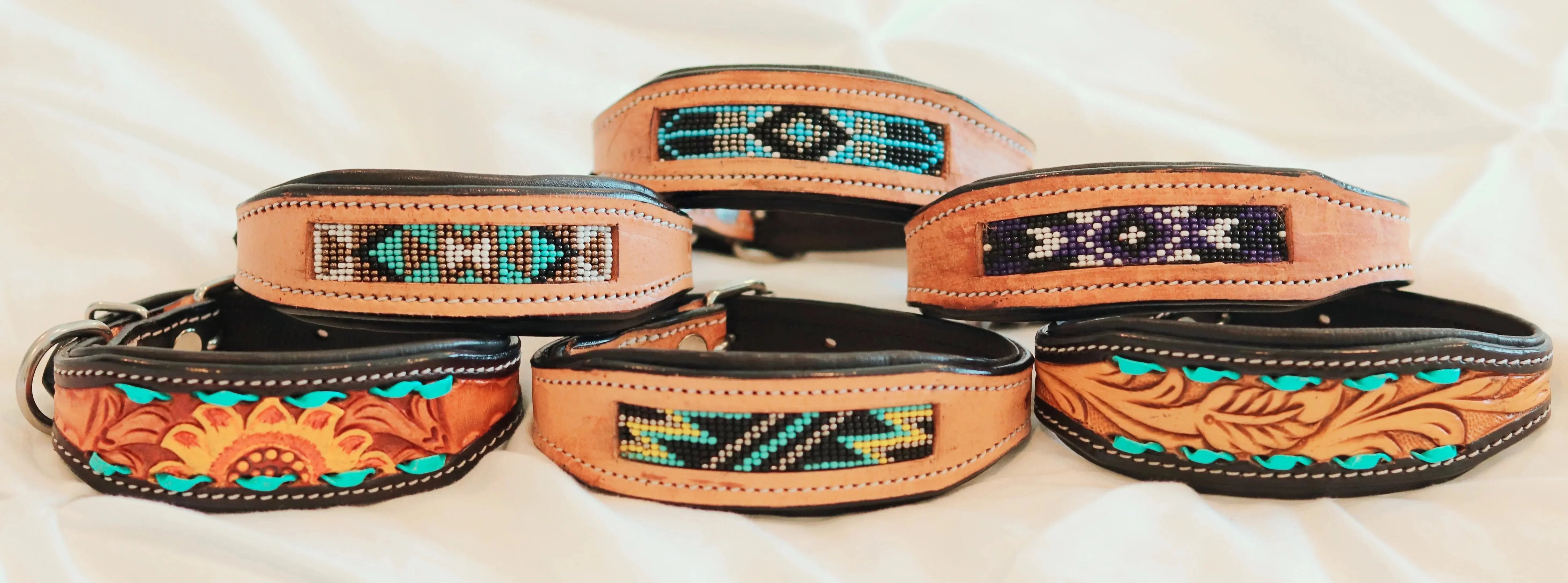 Handcrafted Padded Leather Tooled Dog Collar with White, Teal and Gold Beading Dog